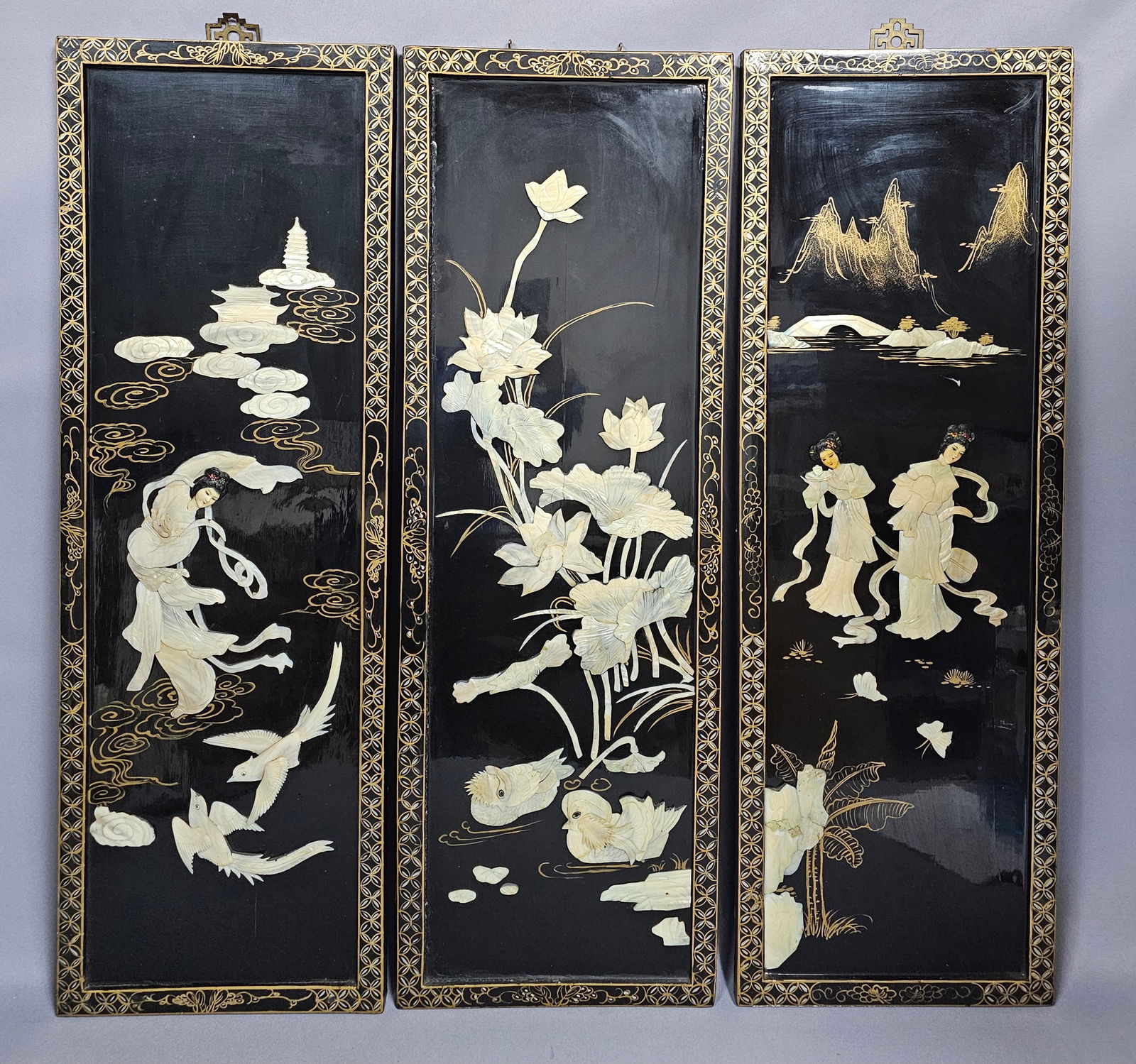 Set of Three Chinese Black Lacquer and Mother-of-Pearl Wall Panels (1 of 15)