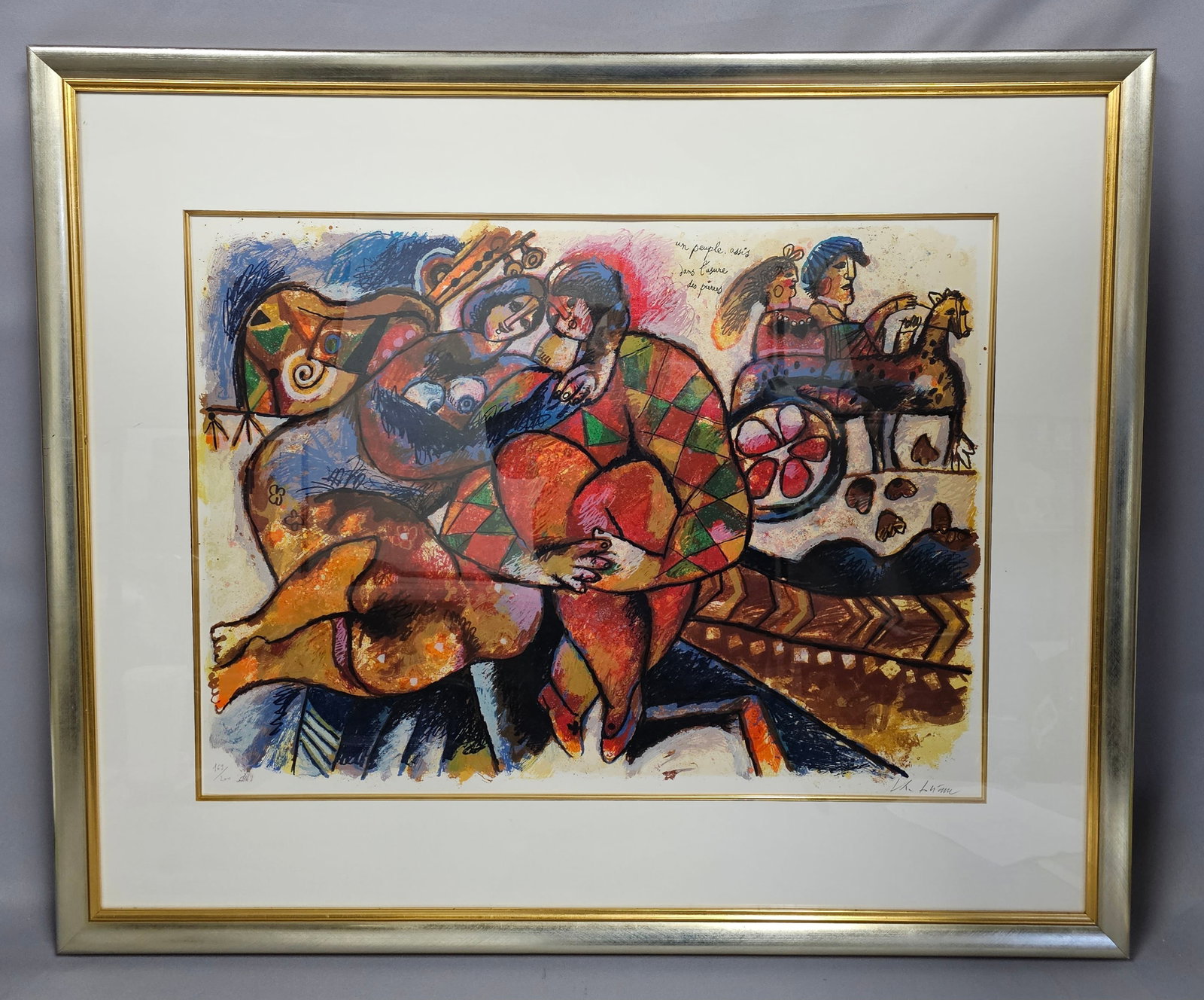 Theo Tobiasse, Signed and Numbered Color Lithograph 169/200: This vibrant color lithograph by Israeli-French artist Theo Tobiasse (1927-2012) is titled "Un Peuple Assis dans l'Usure des Pierres" (A People Sitting in the Wear of Stones). The