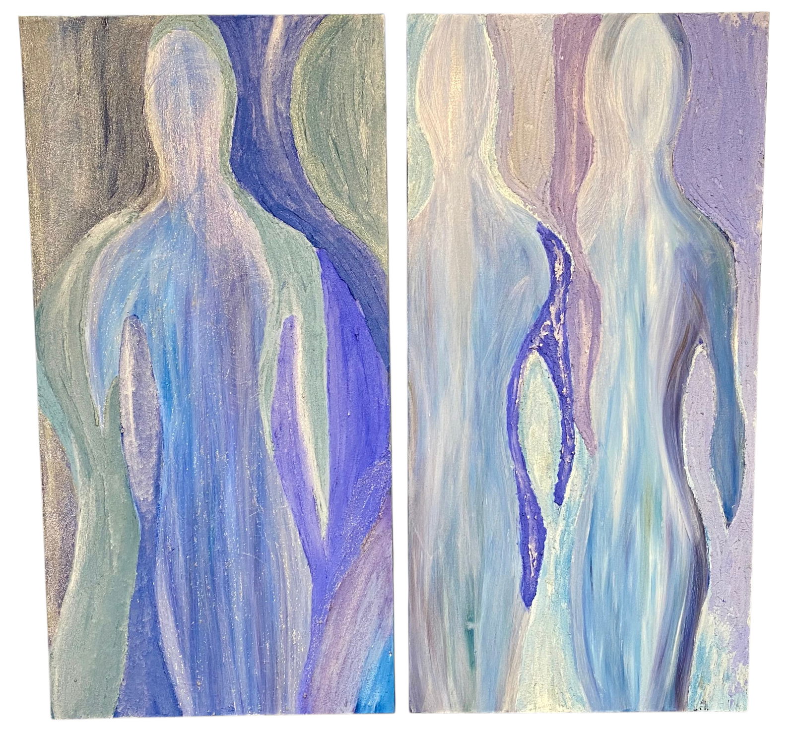 A Pair of Contemporary Abstract Figurative Mixed Media Paintings: This pair of contemporary abstract figurative paintings is executed in mixed media on gallery-wrapped canvas. Each composition features stylized, anonymous human forms rendered in a palette of blues,