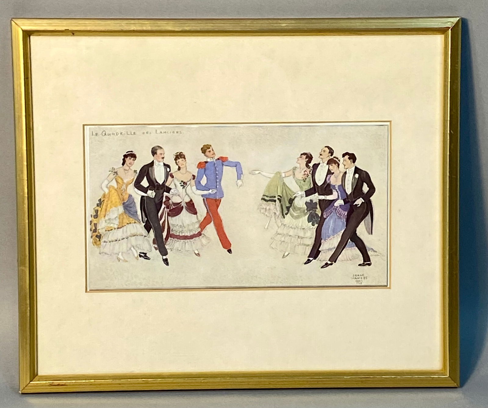 Serge Ivanoff Le Quadrille Des Lanciers French Dance Print: A framed illustration on paper by Serge Ivanoff titled Le Quadrille Des Lanciers. The work depicts several figures in late-19th-century evening attire and a military uniform performing a ballroom danc