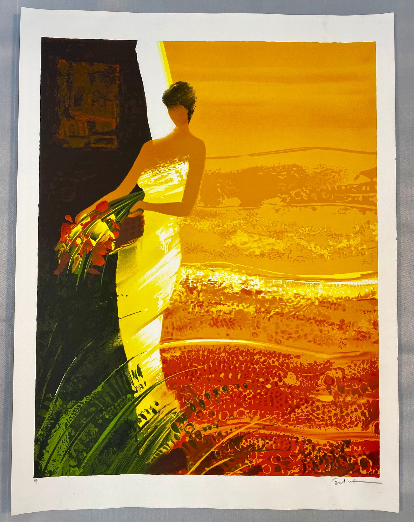 Jean-Pierre Bellut Limited Edition Color Print: This limited edition color serigraph print by artist Jean-Pierre Bellut features a stylized, faceless female figure in a white dress holding a bouquet of red and yellow flowers. Executed in a modern e