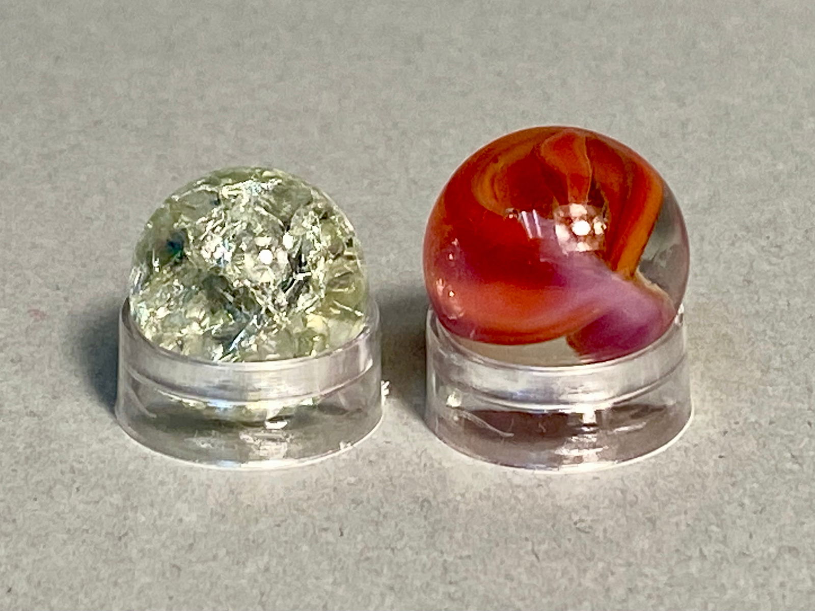 A Pair of Vintage Glass Marbles, Akro Agate Red Swirl and Clear Crackle Glass, c. 1930-1950 (1 of 6)