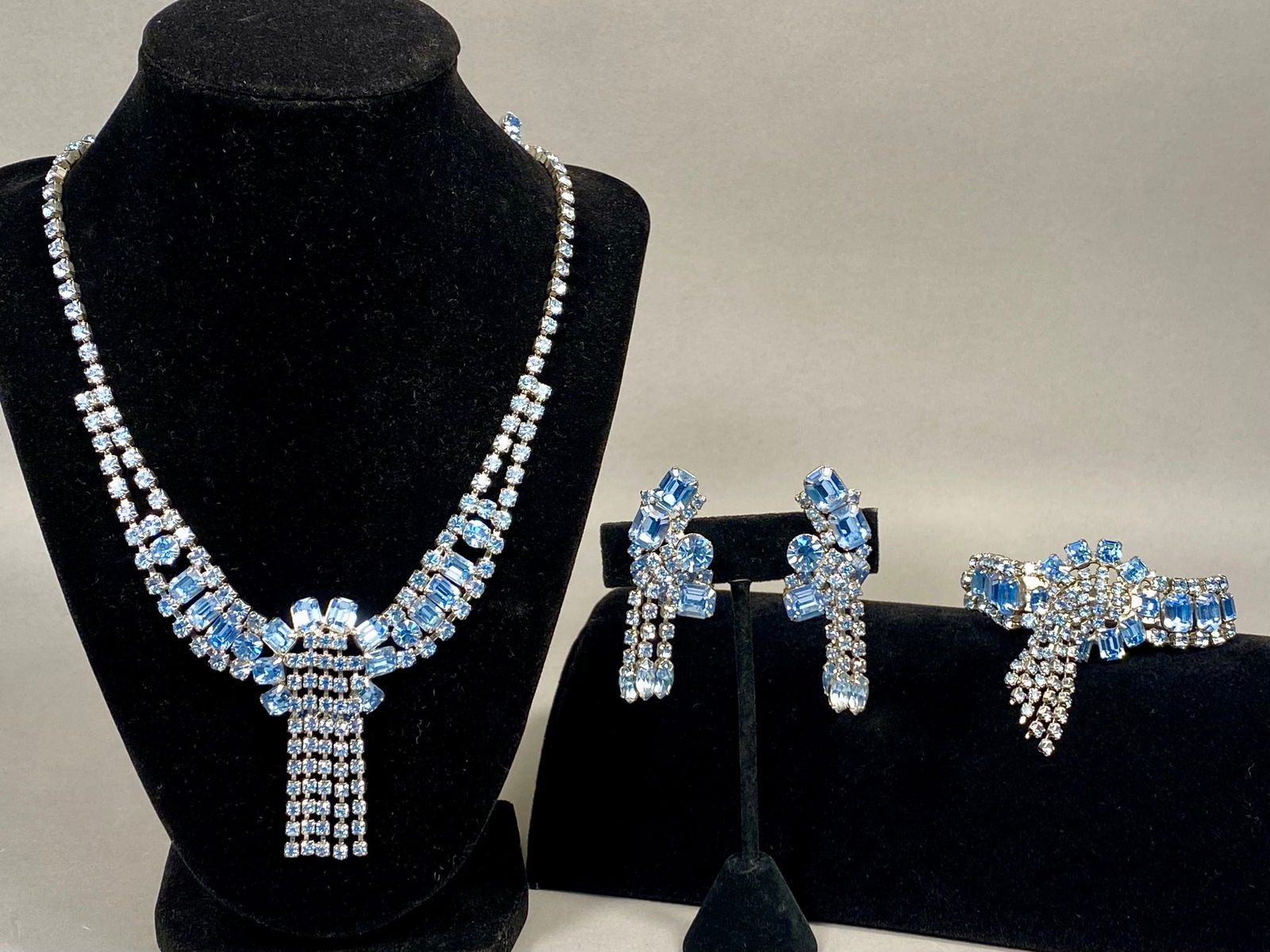 Silver-Tone Costume Jewelry Suite with Light Blue Rhinestones, Attributed to Jewels By Rosada (1 of 9)