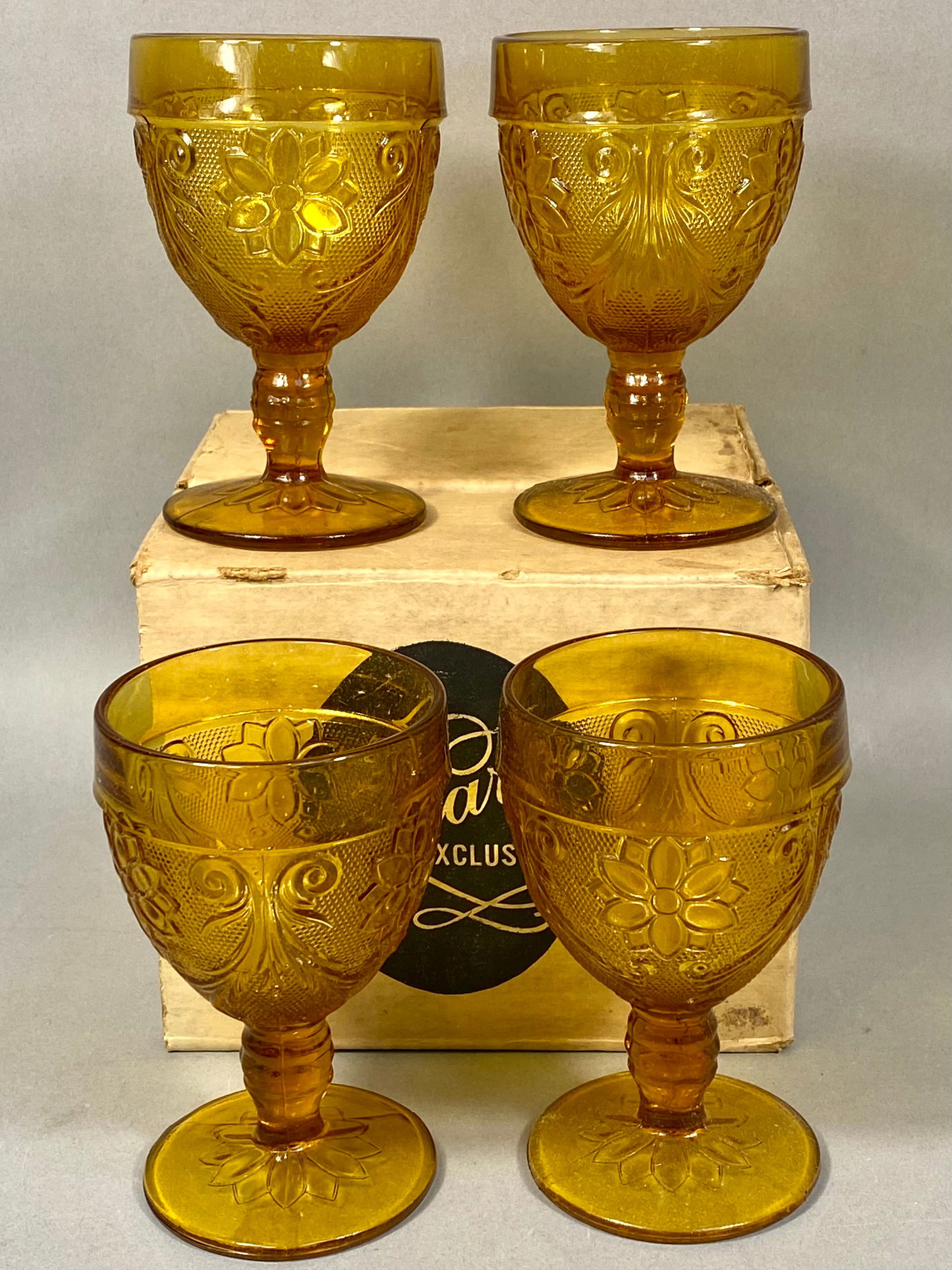 Set of Four Tiara Exclusives Amber Sandwich Pattern Pressed Glass Goblets (1 of 4)