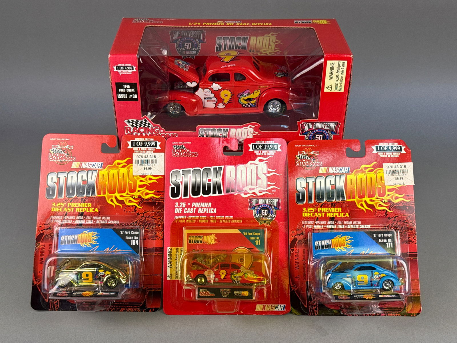 Racing Champions NASCAR Stock Rods Limited Edition Die-Cast Vehicle Collection, Four Pieces, c.: This collection consists of four limited edition die-cast metal replicas from the Racing Champions NASCAR Stock Rods series. The centerpiece is a 1/24 scale 1940 Ford Coupe (Issue #36), numbered 1 of