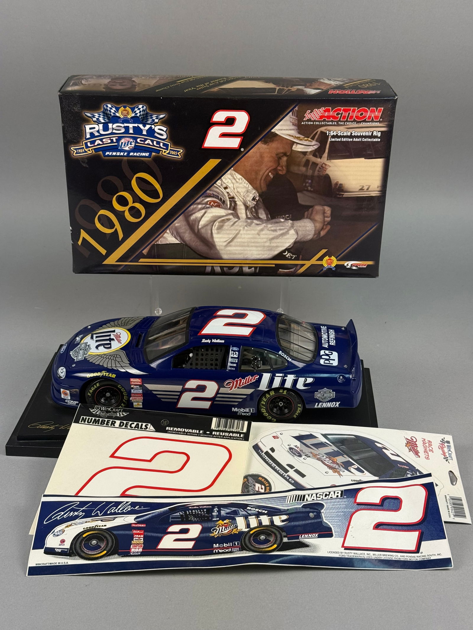 Revell and Action Collectibles Rusty Wallace NASCAR Models and Memorabilia, c. 2000-2005: This collection of licensed NASCAR memorabilia celebrates the career of champion driver Rusty Wallace and the #2 Miller Lite Penske Racing team. The centerpiece is a 1/24 scale Revell Collection model