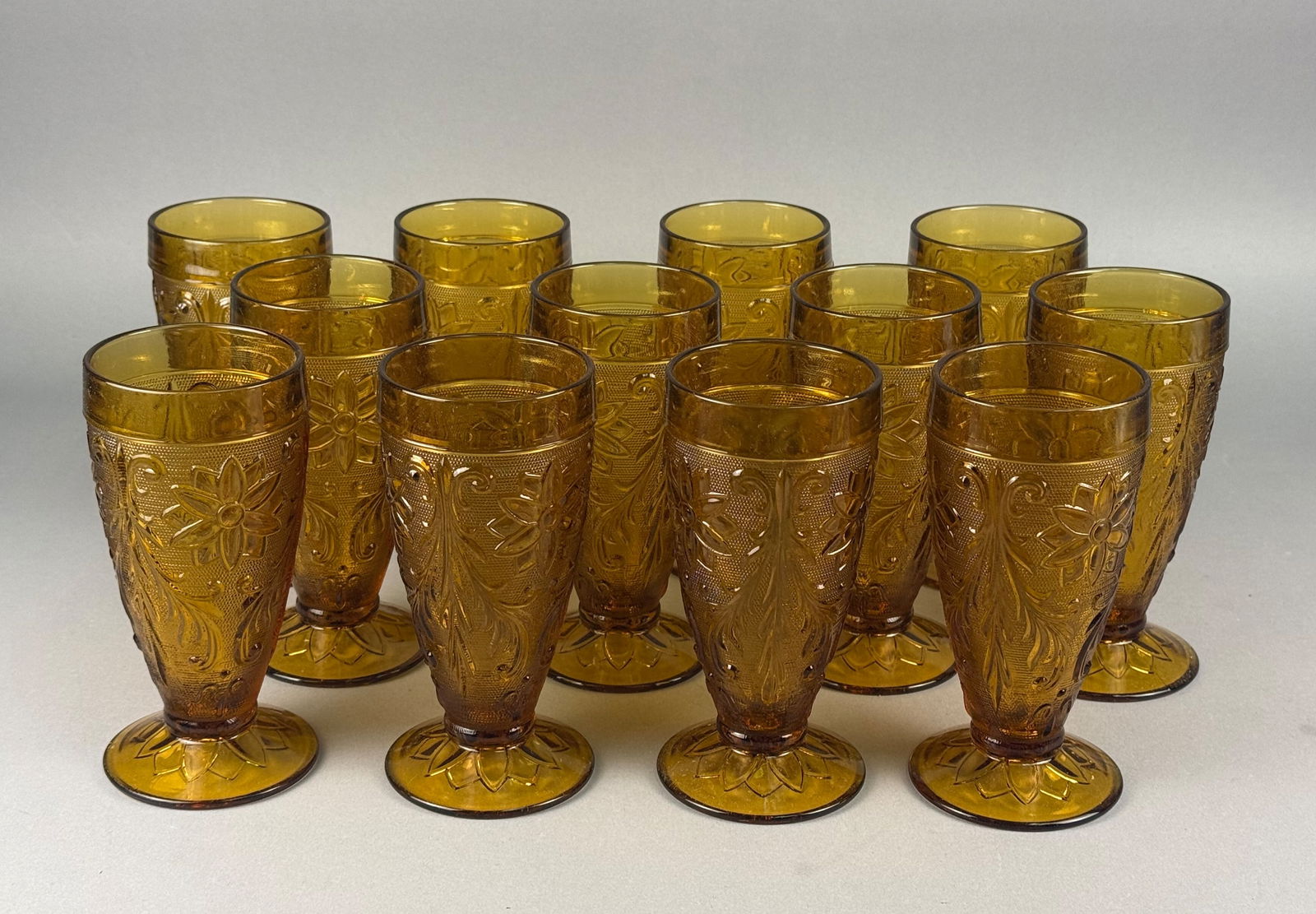 Set of Twelve Tiara Exclusives Amber Sandwich Pattern Footed Goblets (1 of 5)