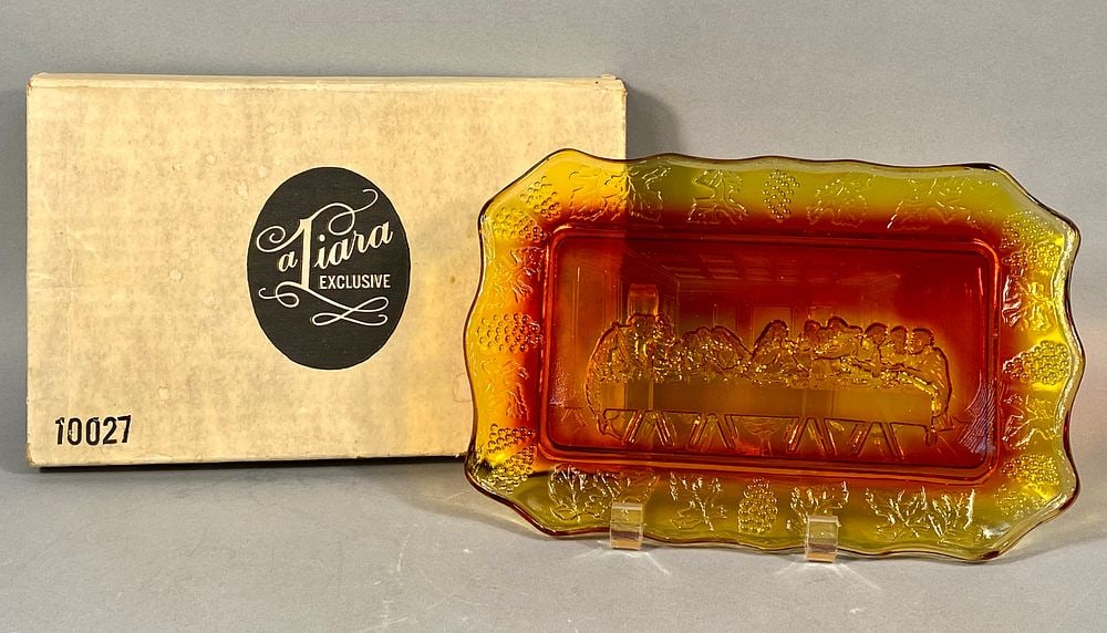 Indiana Glass Tiara Amberina The Last Supper Bread Tray: An Indiana Glass pressed glass bread tray distributed by Tiara Exclusive, featuring a molded relief depiction of The Last Supper. The rectangular platter is executed in Amberina glass, characterized b