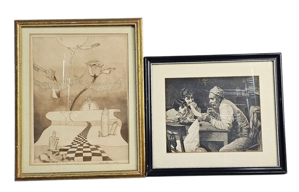 Two Framed Prints Including a Surrealist Artist Proof by Lynn Gale and an Engraving by Peyssonniere: Two framed works on paper comprising a surrealist composition and a domestic interior scene. The first work is a surrealist etching or lithograph, pencil-signed by the artist Lynn Gale in the lower ri