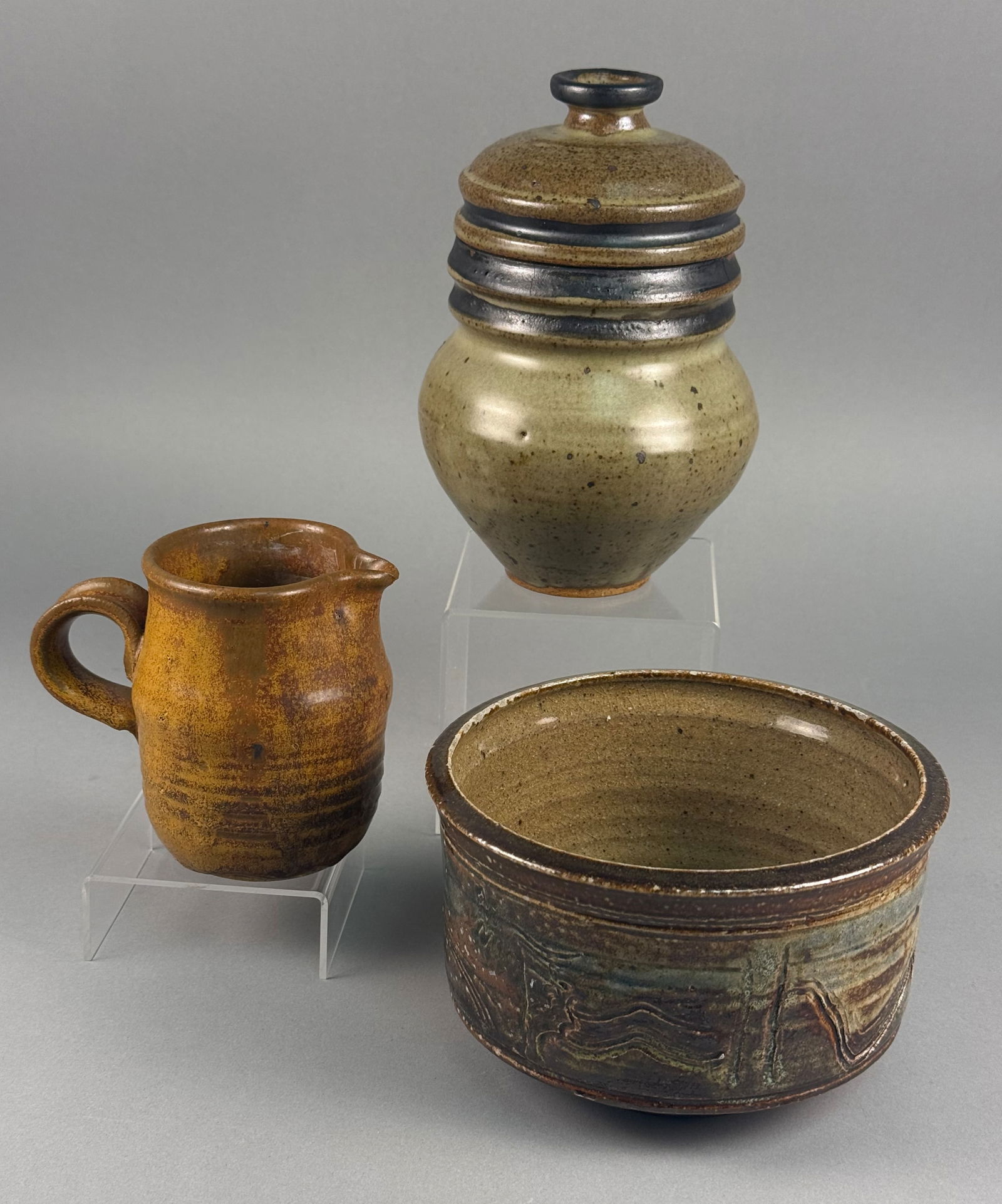 A Trio of Studio Pottery Stoneware Items Including a Lidded Vessel Signed Heller (1 of 11)