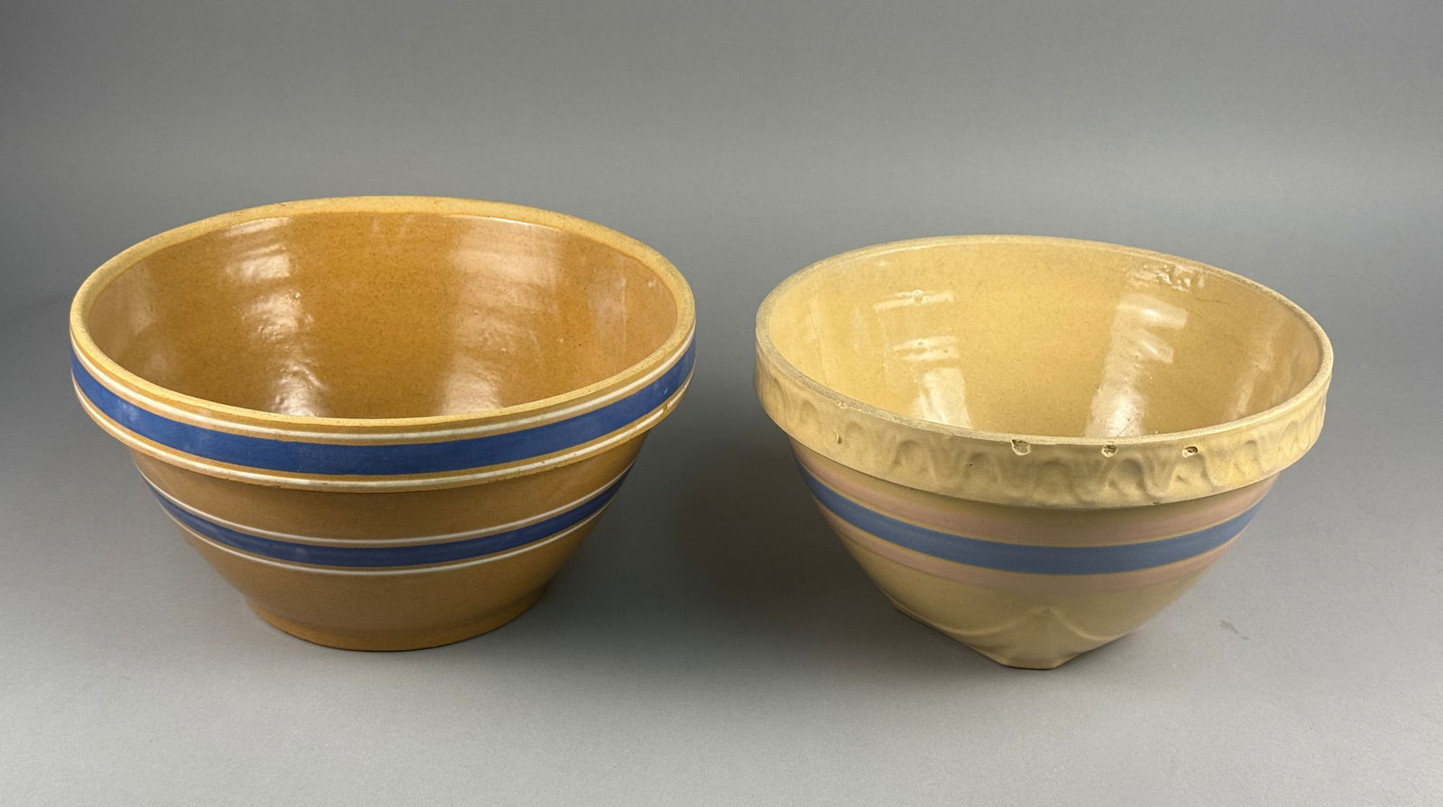 Two Yellow Ware Banded Mixing Bowls (1 of 7)