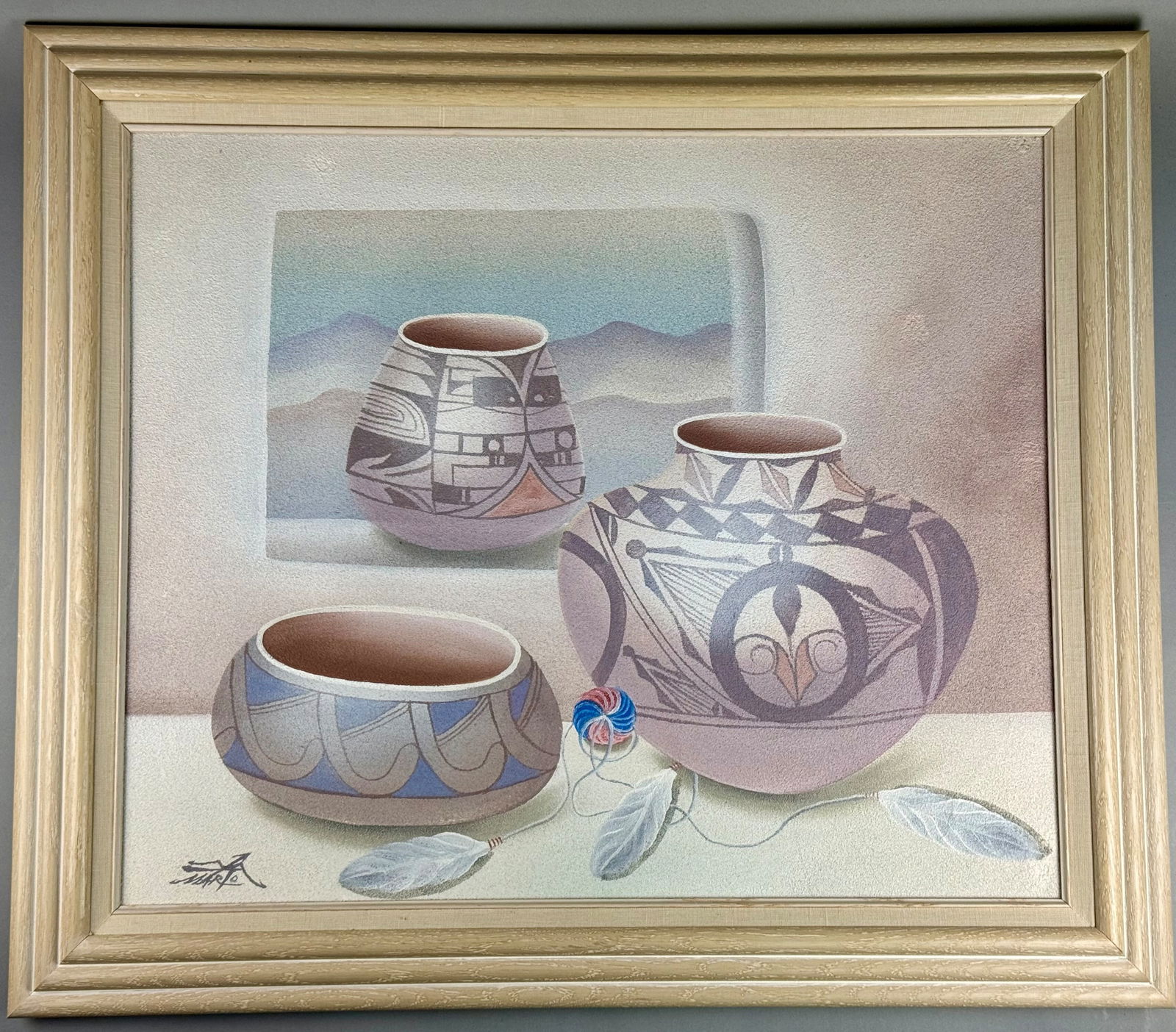 Myung Mario Jung Southwest Still Life Mixed Media Painting on Canvas: This mixed media painting on textured canvas is by artist Myung Mario Jung, signed MARLO in the lower-left corner. The composition features a Southwest-style still life depicting three Pueblo-style