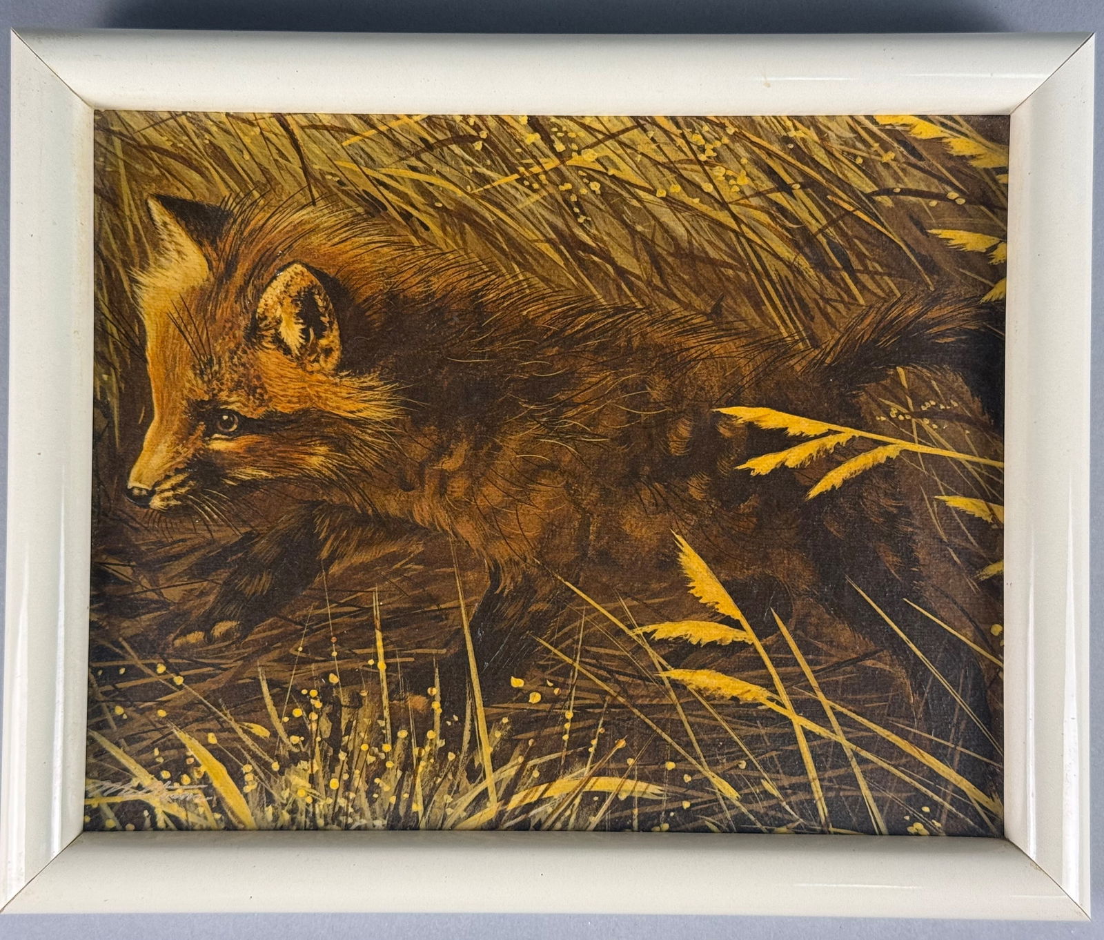 Young Fox Kit in Tall Grass Painting: This naturalist wildlife painting, executed in oil or acrylic on canvas, depicts a young fox kit camouflaged within a dense thicket of dry, autumnal grass. The work exhibits a high degree of detail in