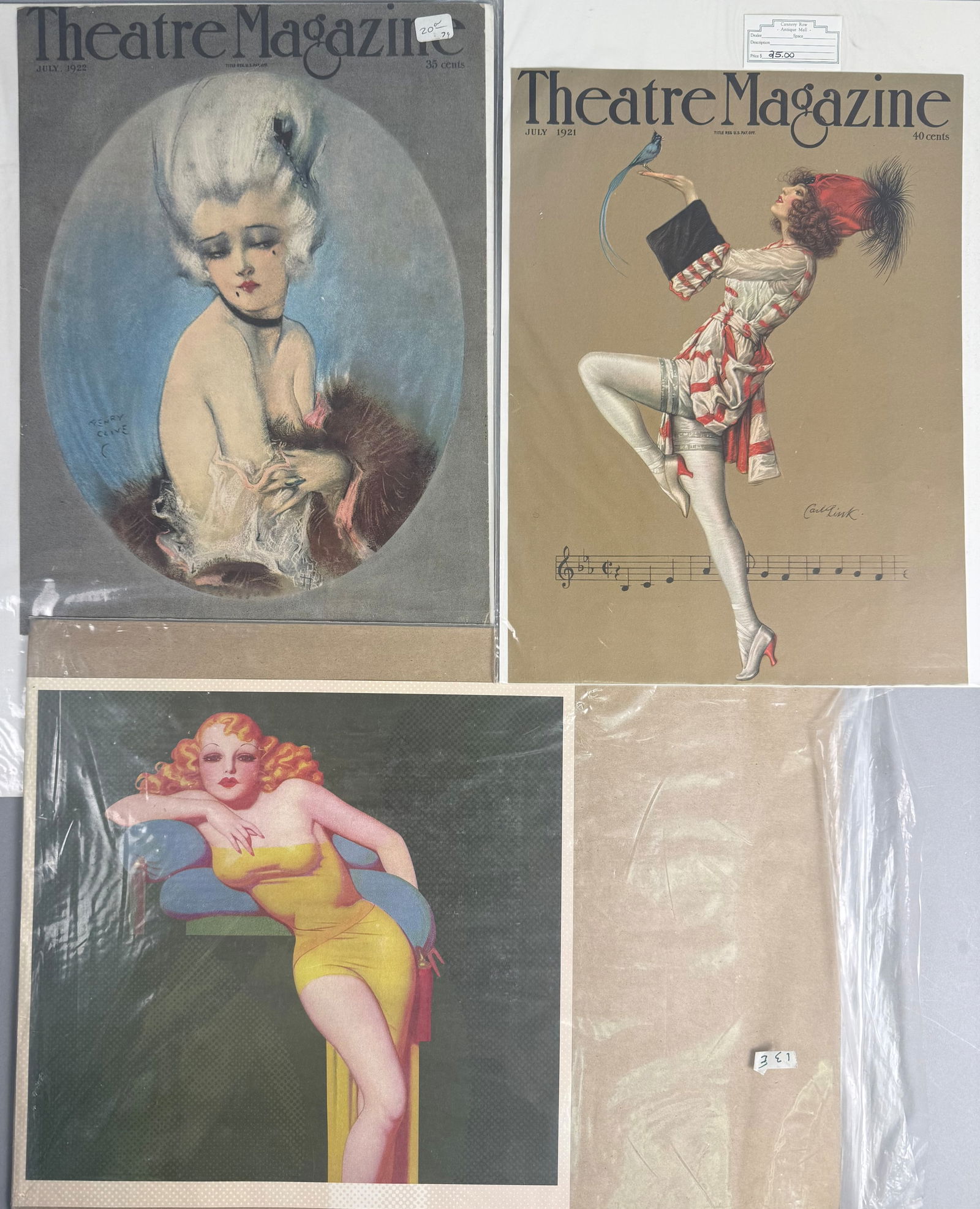 A Collection of Art Deco Prints and Ephemera I: The collection includes a pin-up style print of a woman in a yellow dress. Also included are the July 1921 cover of Theatre Magazine featuring a stylized illustration by Carl Link and the July 1922