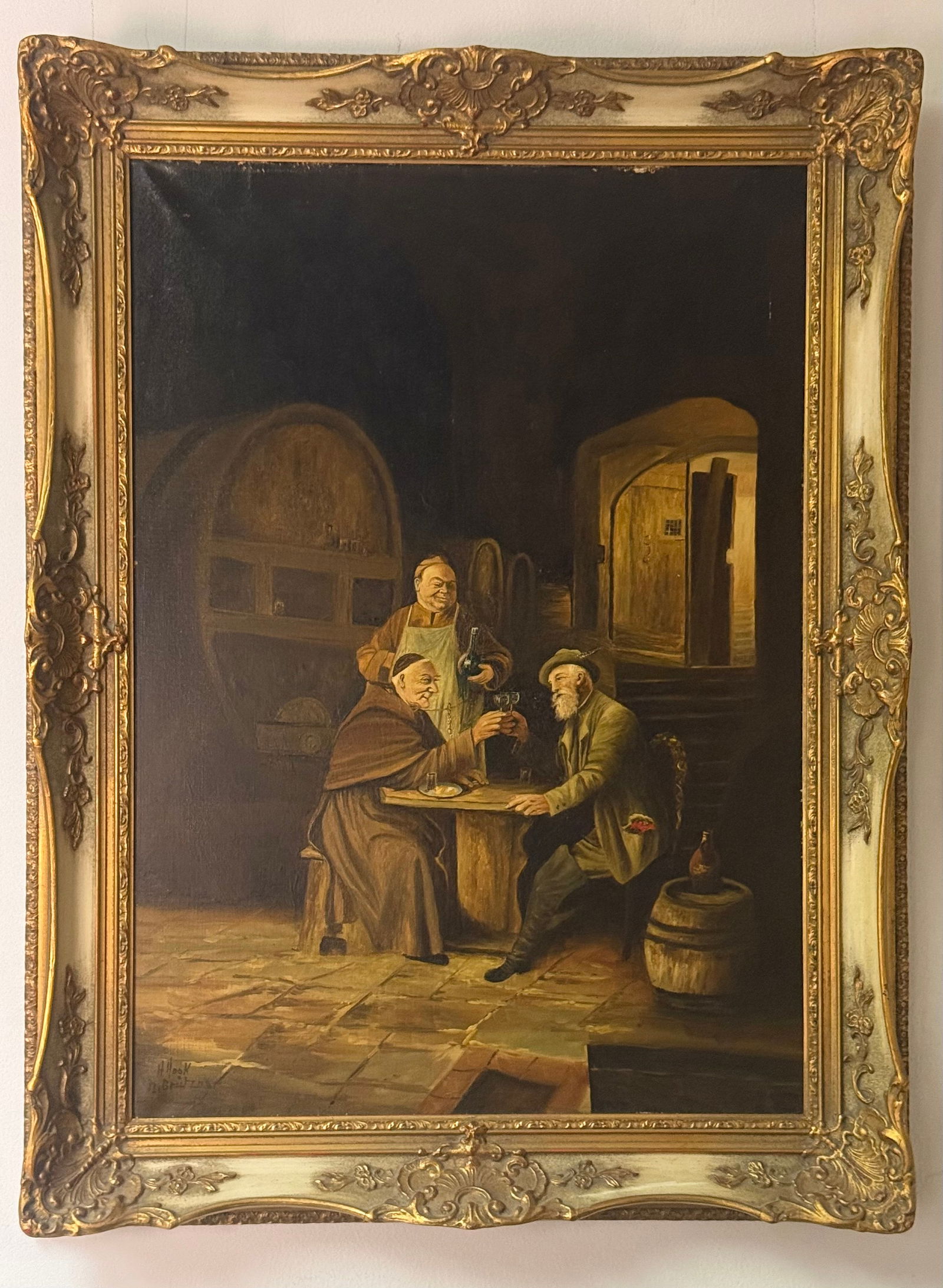 H. Hook, Oil on Canvas After Eduard von Gr??tzner, Tavern Scene: This oil on canvas genre painting by H. Hook is executed after the style of Eduard von Grützner. The composition depicts a monk and a bearded gentleman sharing a toast at a table within a dimly