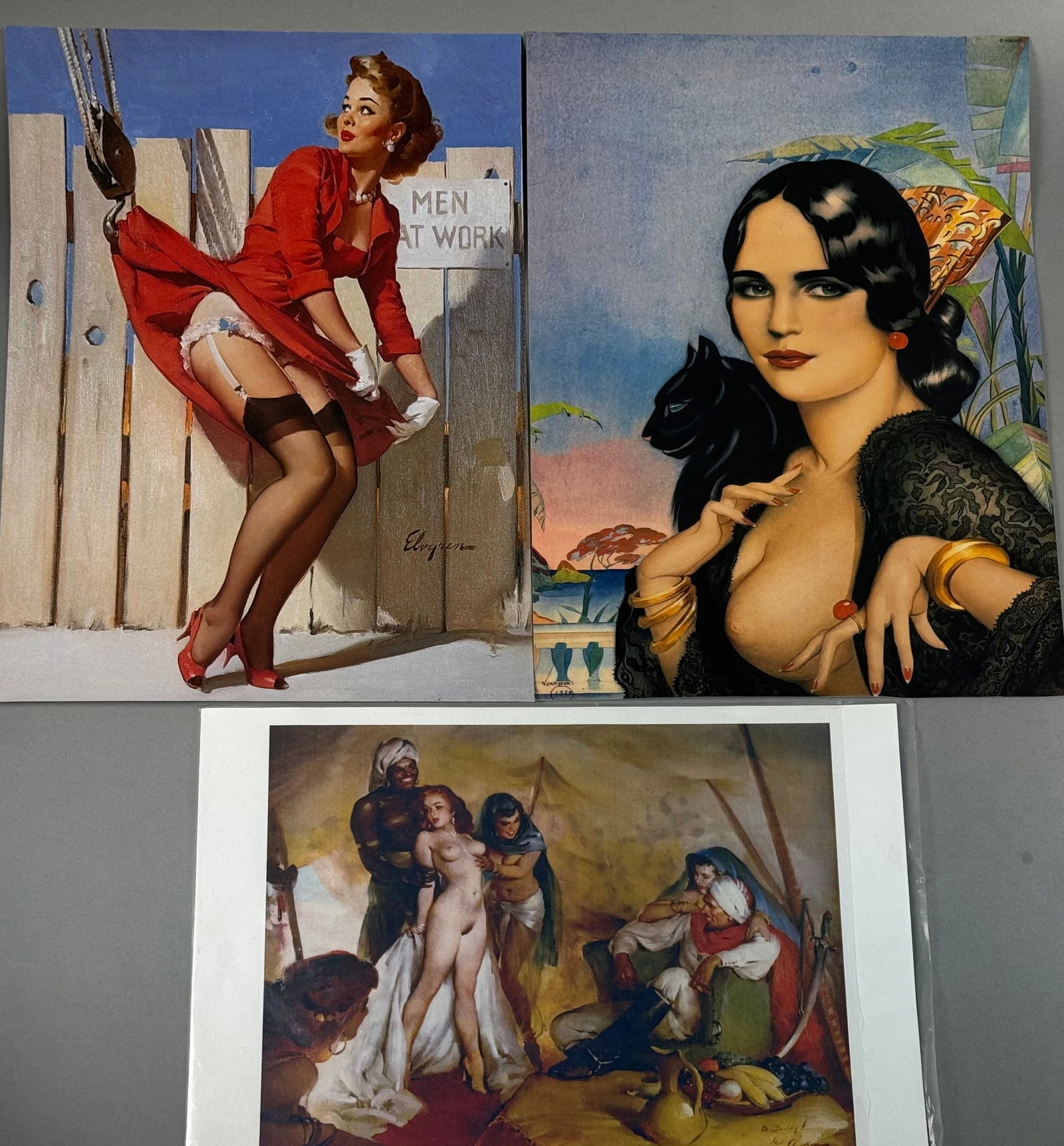 Collection of Three Pin-Up and Orientalist Illustration Prints after Gil Elvgren and Alberto Vargas: A collection of three mid-20th-century style illustration prints on heavy paper and cardstock. The first print is after Gil Elvgren (American, 1914-1980), titled Fair Shake, depicting a pin-up model