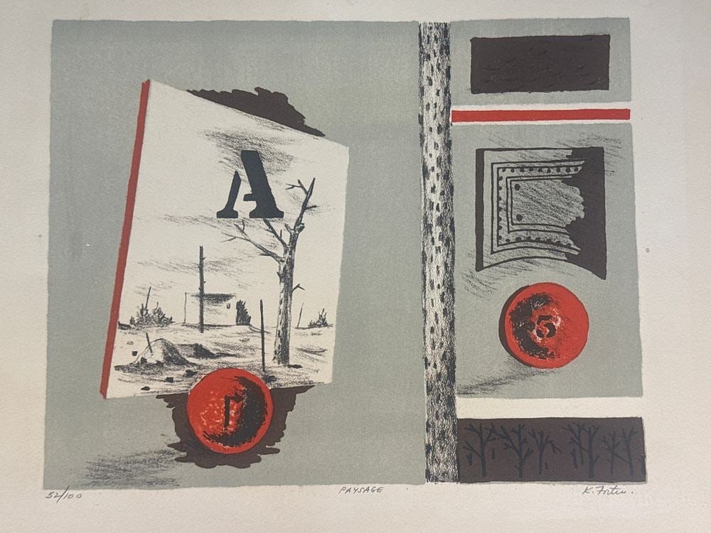 K. Fortier, Paysage, Color Lithograph, 52/100: This lot comprises three unframed prints, led by a surrealist color lithograph titled Paysage by the artist K. Fortier. The composition features a central landscape panel with a large letter A and a s