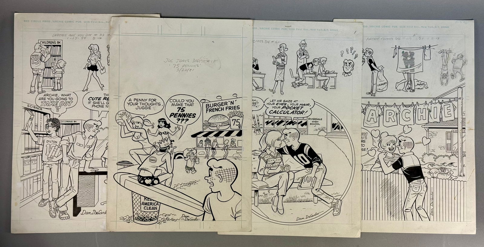Collection of Four Dan DeCarlo Original Archie Comics Production Art Illustrations, 1981-1984: This collection consists of four original pen and ink production illustrations created for Archie Comics by the legendary artist Dan DeCarlo. These one-panel "gag" pieces were produced for v