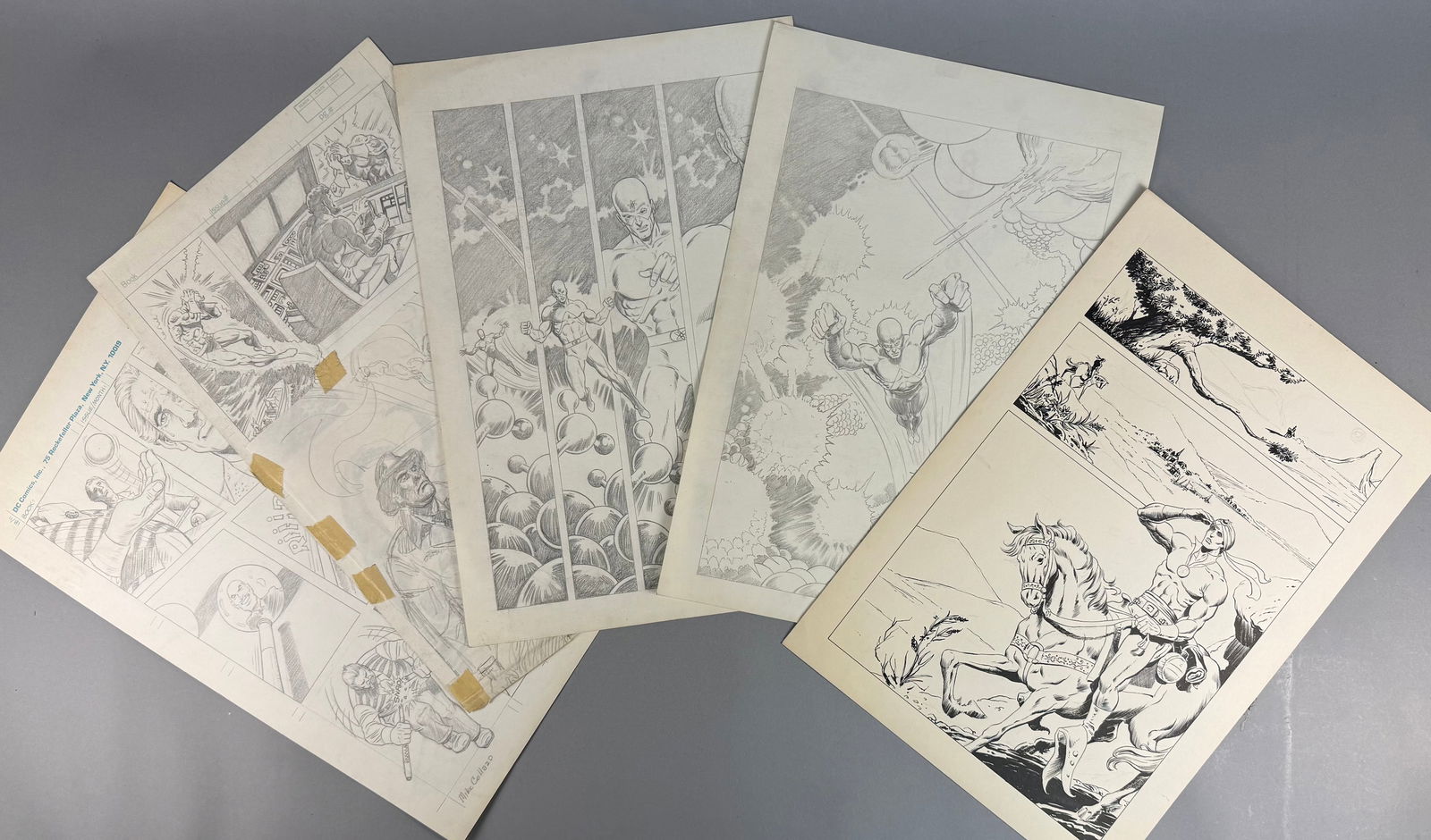 A Collection of Original DC Comics Production Art and Sketches circa 1981: A collection of original comic book production art pages and sketches, primarily executed on pre-printed DC Comics art boards. The lot includes sequential narrative panels featuring various characters