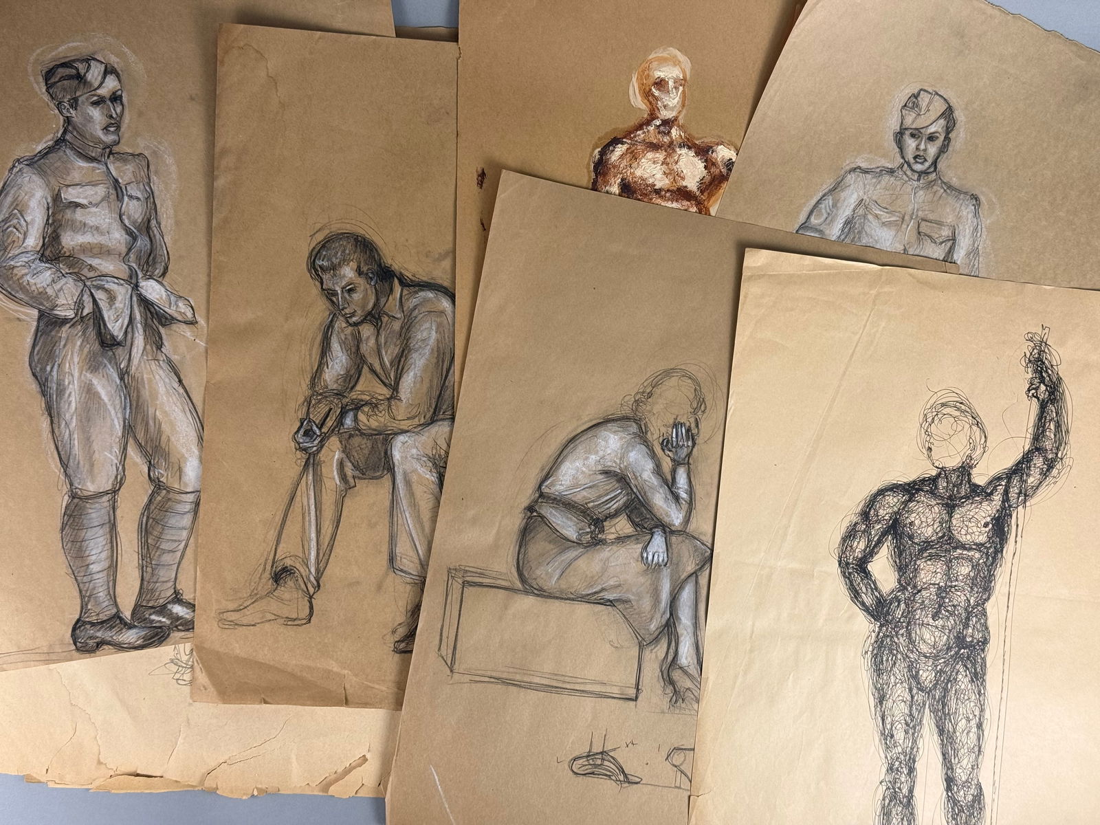 American School, mid-20th Century, Collection of Life Studies: American School, mid-20th Century. This collection of approximately twelve figure studies is executed in various media including charcoal, graphite, pen and ink, pastel, and watercolor. The subject ma