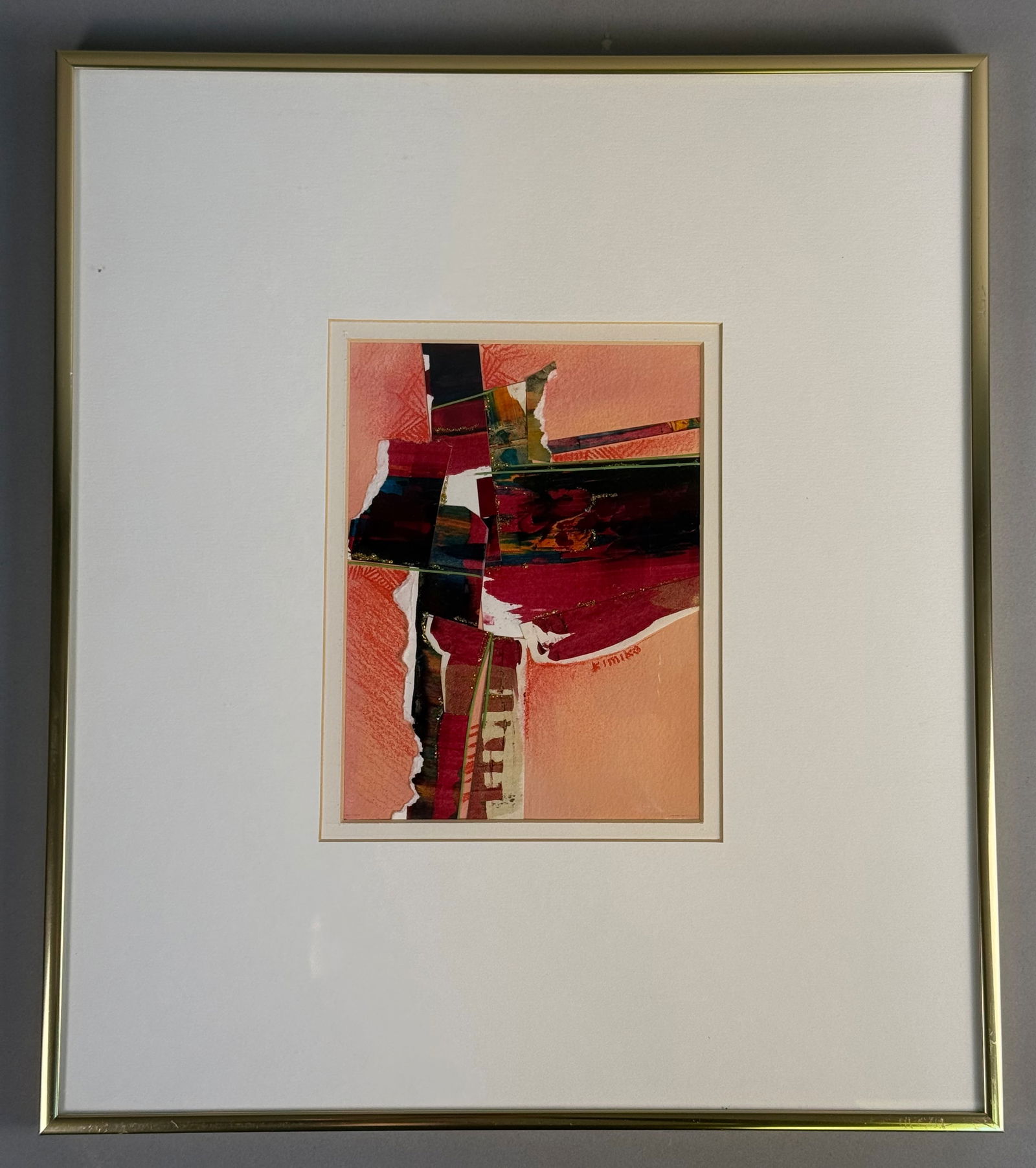 Kimiko Petersen Abstract Mixed-Media Collage, Dream Maker: This original abstract mixed-media work is by Kimiko Petersen and is titled Dream Maker. The composition is a collage constructed with torn paper, red and peach pigments, and black accents. The surfac