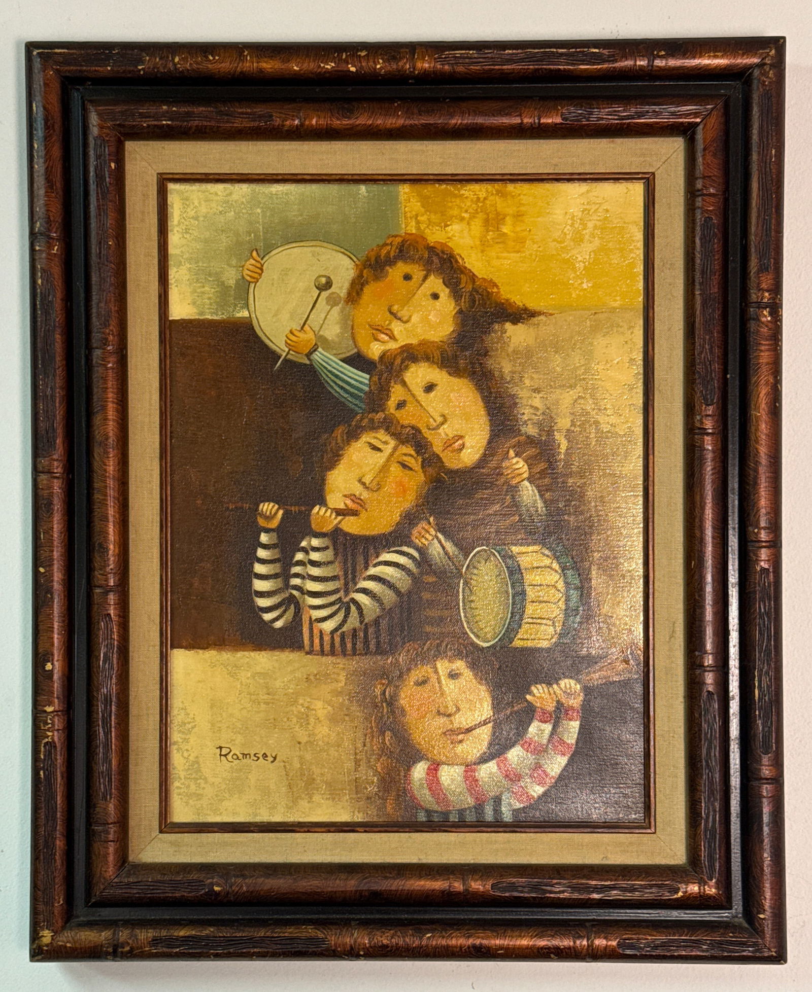 Manner of Joyce Roybal (20th Century) 'Musical Quartet': Manner of Joyce Roybal (20th Century). This oil on canvas painting depicts four whimsical, stylized figures in a mid-century folk-art style, each playing a musical instrument including drums, a flute,