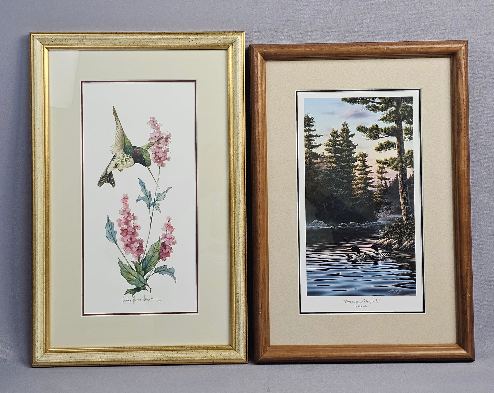 A Pair of Wildlife Prints, 'Hummingbird' and 'Encore of Song II': This lot features a pair of framed wildlife prints, reproducing original watercolor compositions. The first work, after Carolyn Shores Wright (American, 20th/21st Century), depicts a hummingbird in fl