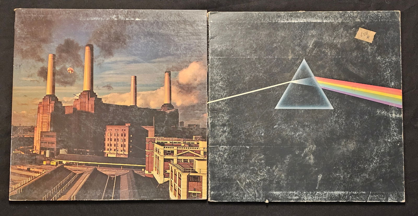 Pink Floyd, The Dark Side of the Moon and Animals, US Pressings, 1973-1977: A pair of vintage vinyl LP albums by the progressive rock band Pink Floyd. The first item is The Dark Side of the Moon, released by Harvest / Capitol Records (SMAS-11163), circa 1973, US pressing, fea