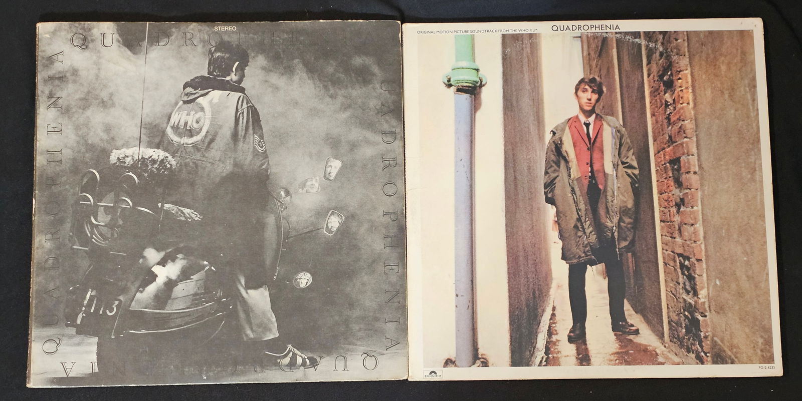 The Who, Quadrophenia Studio Album and Original Motion Picture Soundtrack, Reissue and First: This lot features a pair of double-LP sets centered on the rock opera Quadrophenia by The Who. Studio Album: The gatefold jacket shows moderate shelf wear, including rubbing along the edges, bumped a