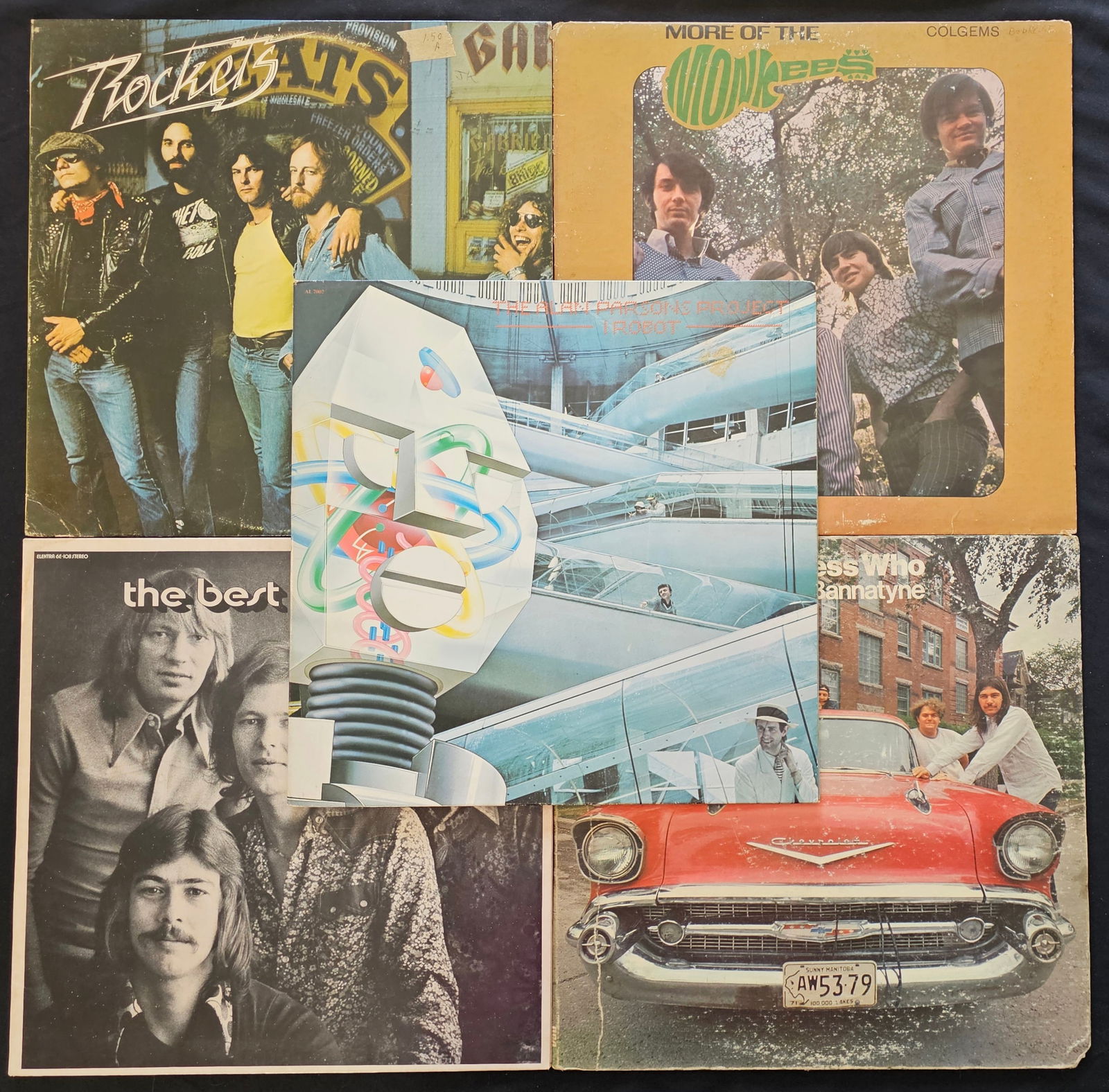 Collection of Five Classic Rock and Pop Vinyl LP Records, Various Artists, 1967-1979: This collection consists of five vintage 12-inch vinyl long-play records spanning the late 1960s through the 1970s. The set includes The Alan Parsons Project, I Robot (Arista, AL 7002, 1977); The Monk