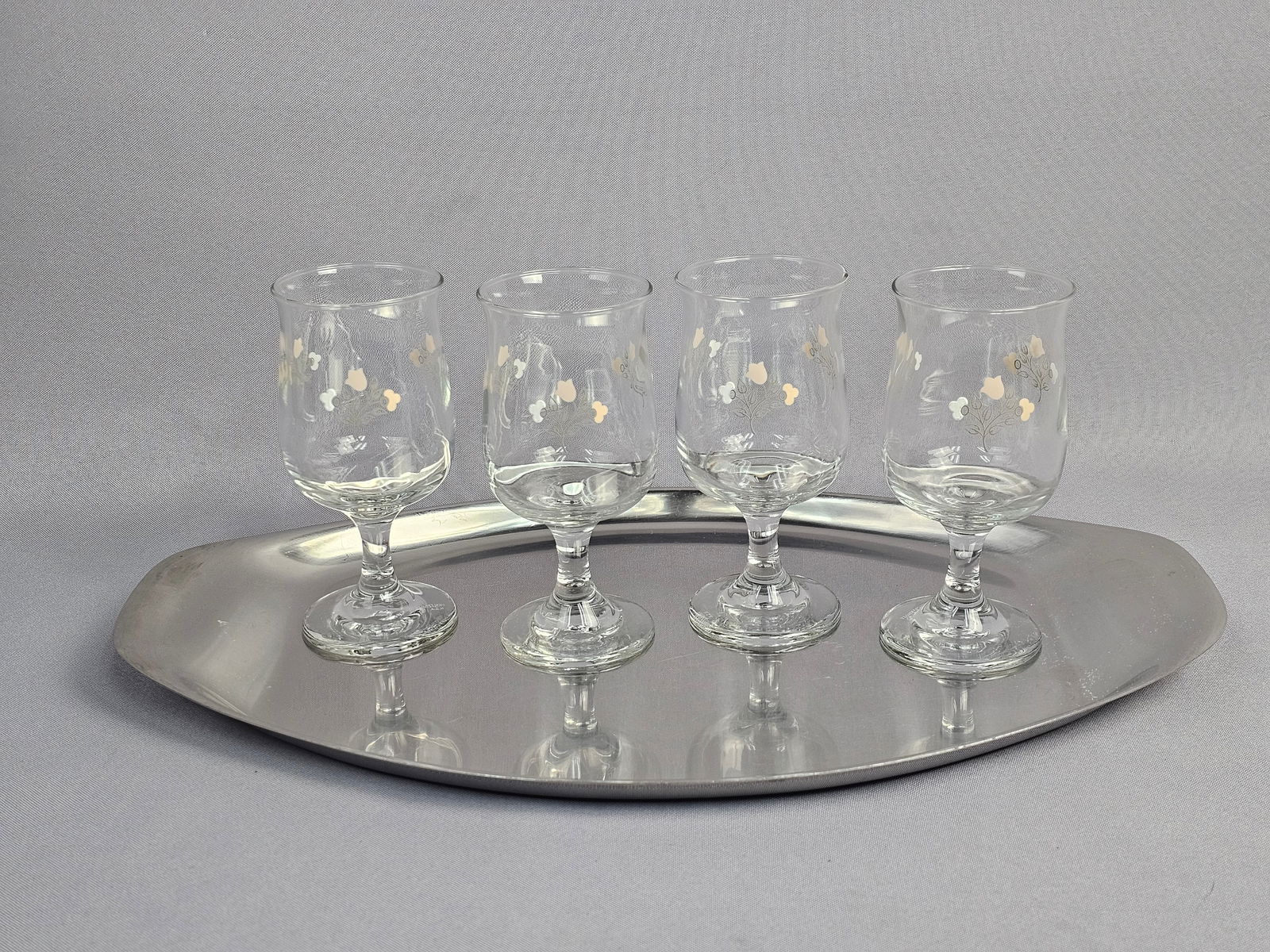 Set of Four Pfaltzgraff Tea Rose Glass Goblets and a Cromargan Stainless Steel Tray (1 of 11)