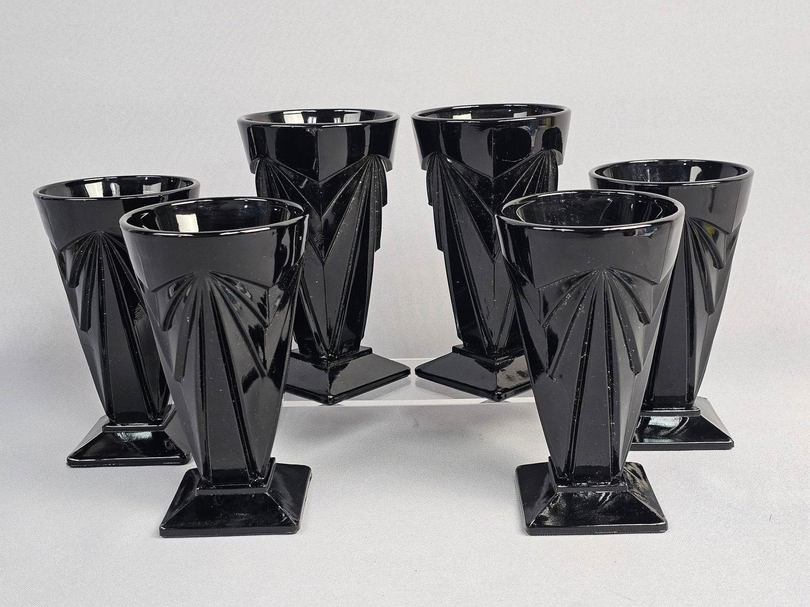 A Group of Art Deco Black Glass Footed Tumblers Attributed to Indiana Glass in the Pyramid Pattern (1 of 8)
