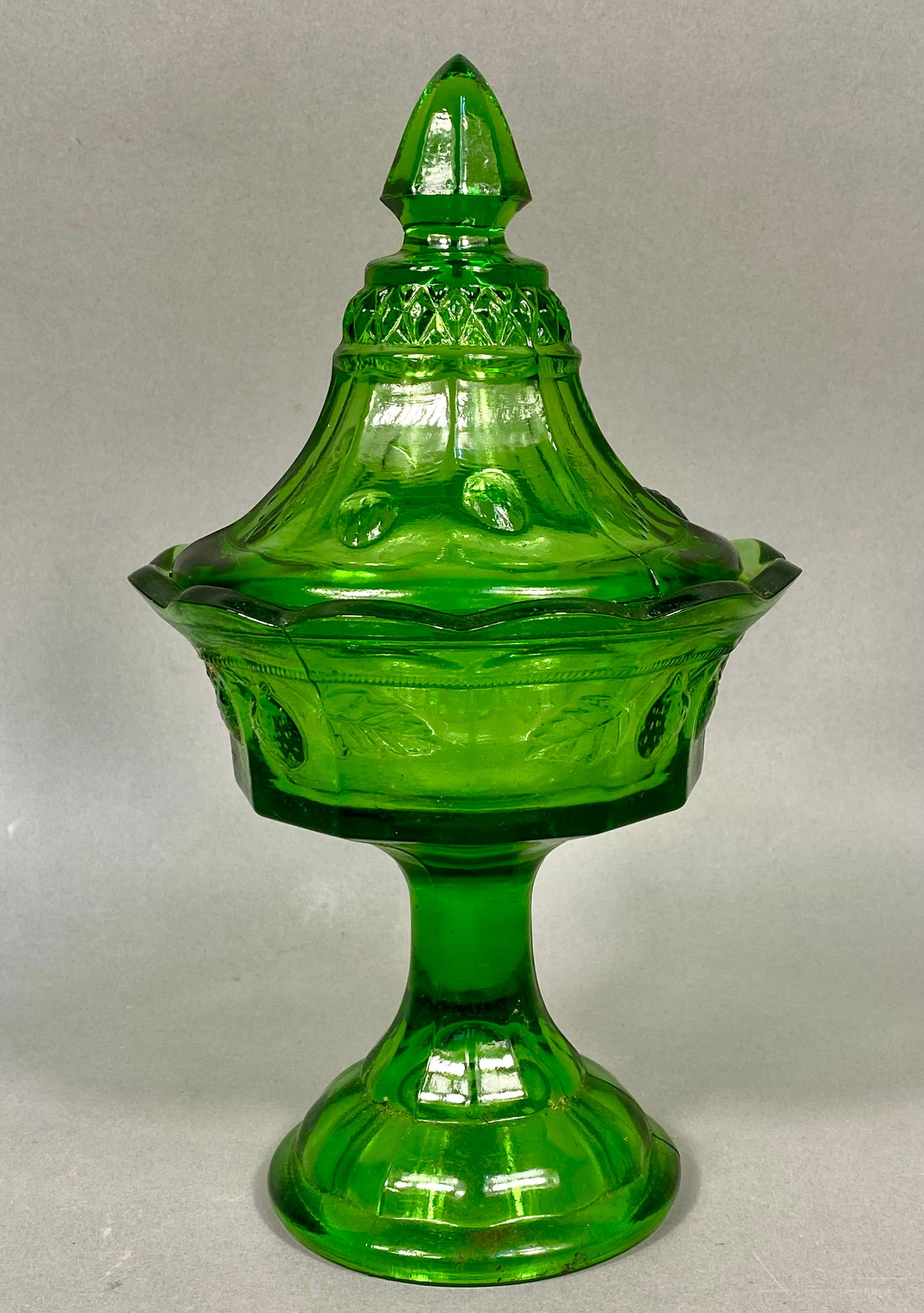 Emerald Green Depression Glass Lidded Pedestal Candy Dish (1 of 3)