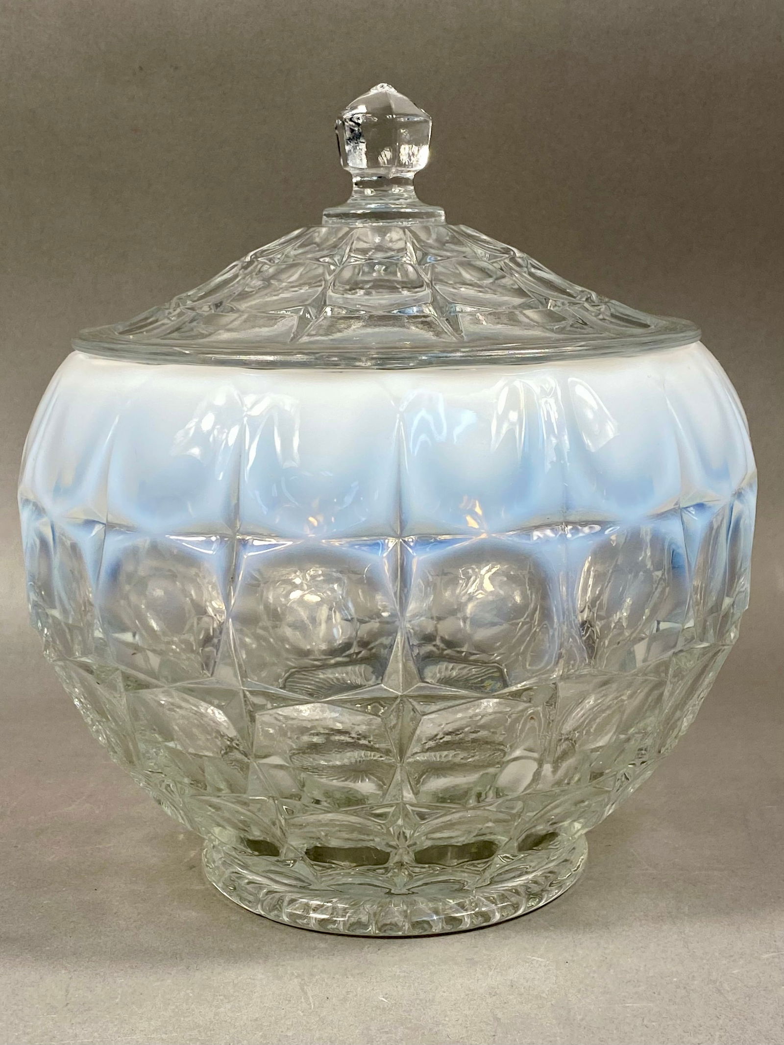 Attributed to Fostoria Glass Company, Opalescent Pressed Glass Lidded Candy Dish: A vintage lidded glass candy dish or biscuit jar featuring the iconic American pattern, attributed to the Fostoria Glass Company. The vessel is crafted from mold-pressed glass with a signature cubist