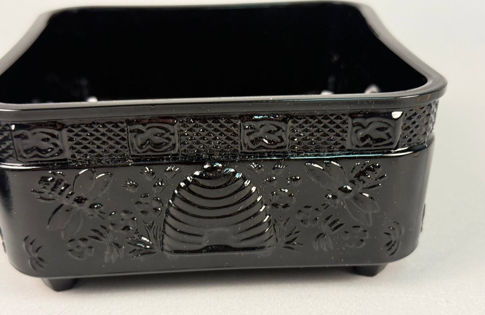 Tiara Exclusives Black Glass Honey Bee Pattern Square Covered Dish - 8