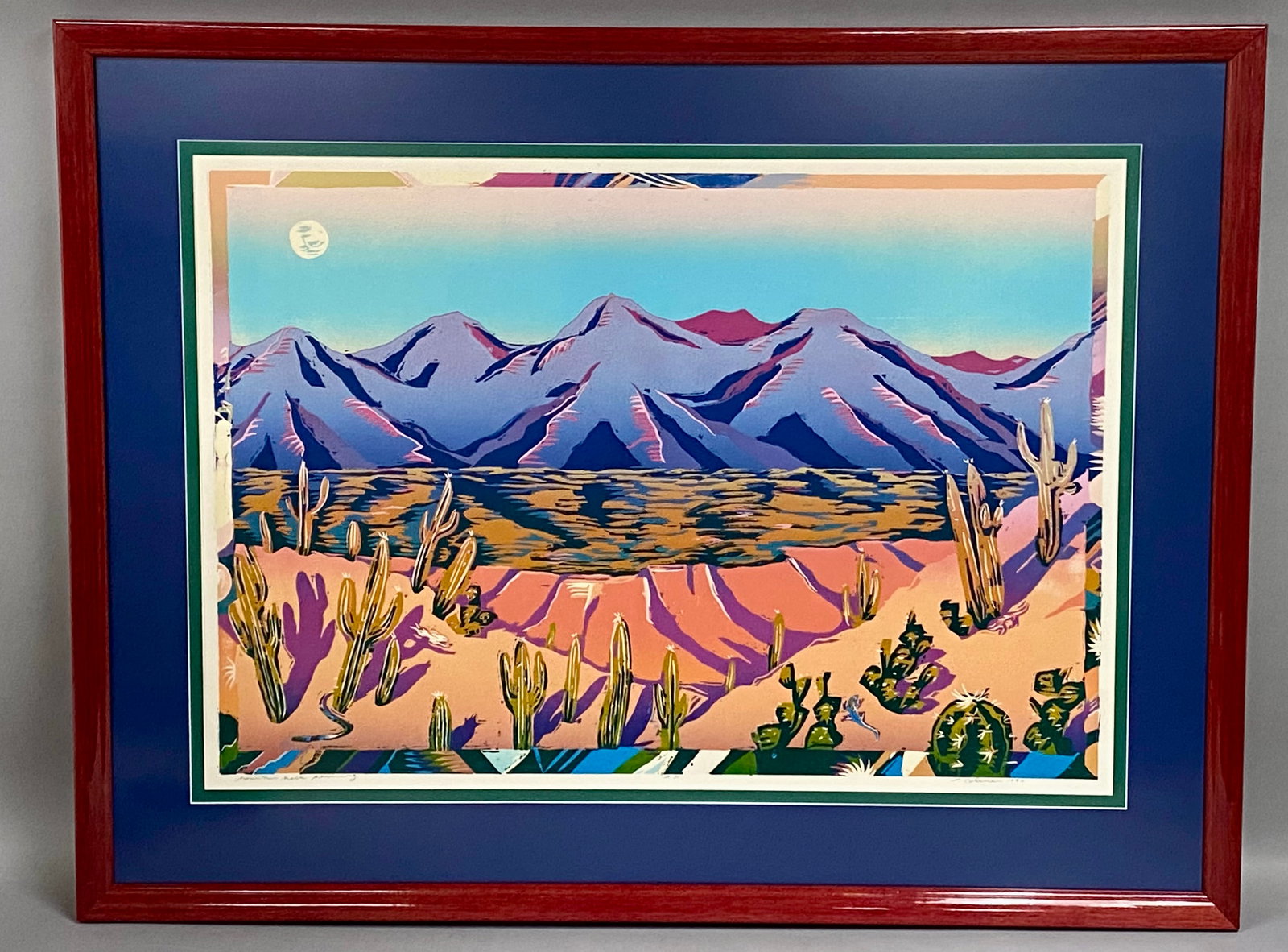 A. Colenar, Mountain Mesa Morning, Artist's Proof Serigraph, 1990: This serigraph on heavy textured paper is titled mountain mesa morning and is attributed to the artist A. Colenar. The work depicts a vibrant, stylized Southwest desert landscape featuring various cac