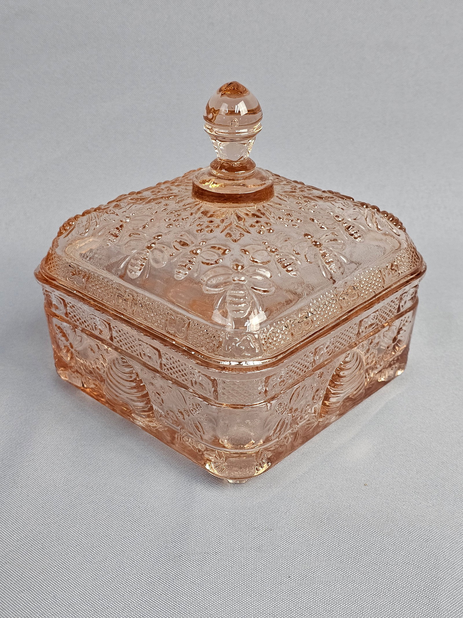 Tiara Pink Glass Honey Bee Pattern Covered Dish - 2