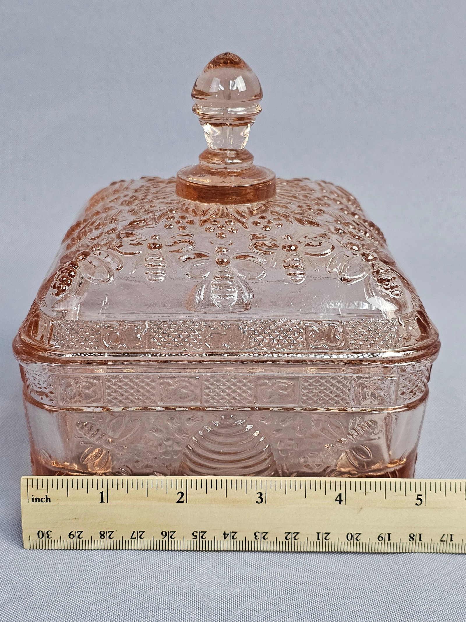 Tiara Pink Glass Honey Bee Pattern Covered Dish - 3