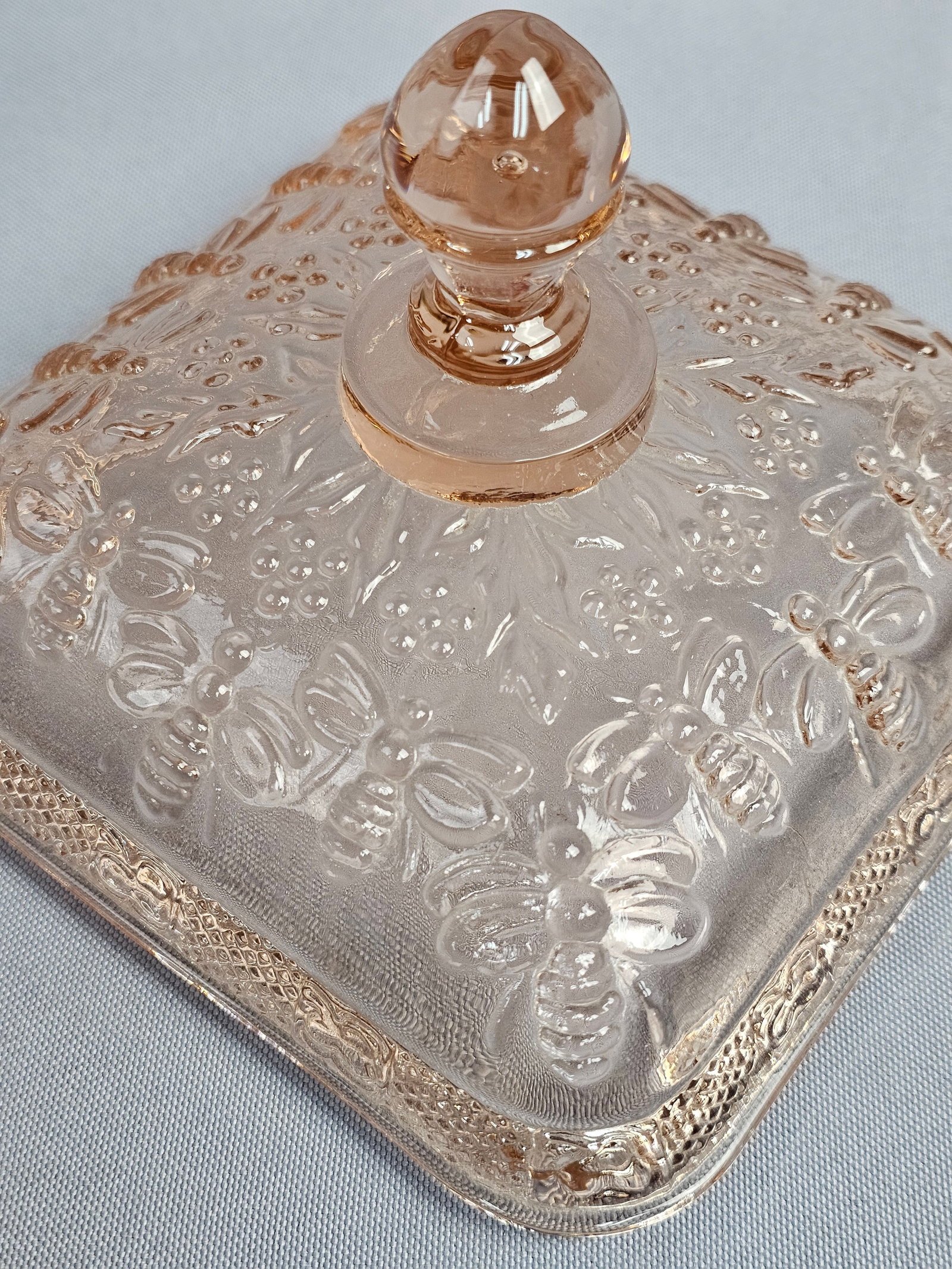 Tiara Pink Glass Honey Bee Pattern Covered Dish - 4
