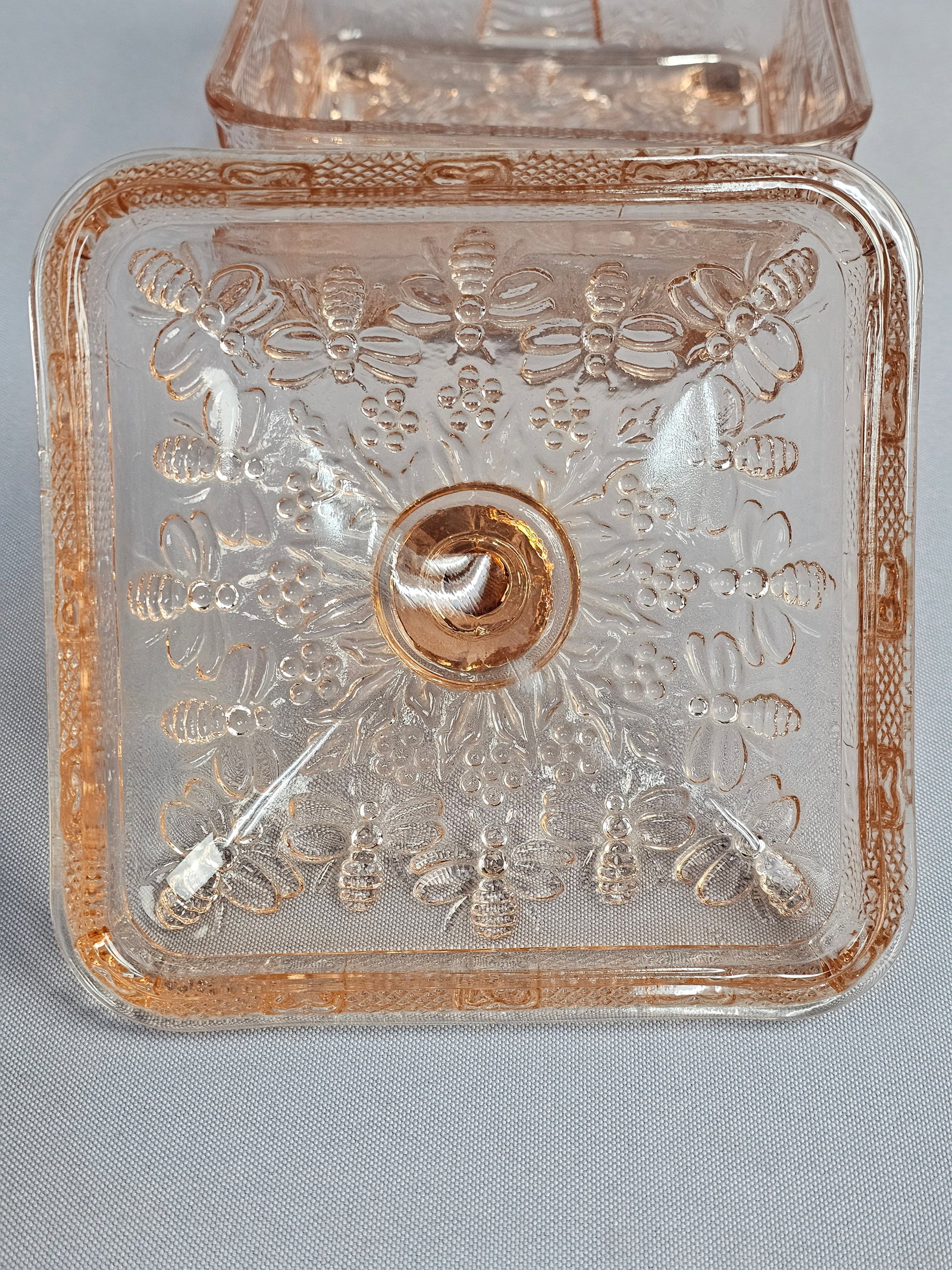 Tiara Pink Glass Honey Bee Pattern Covered Dish - 5