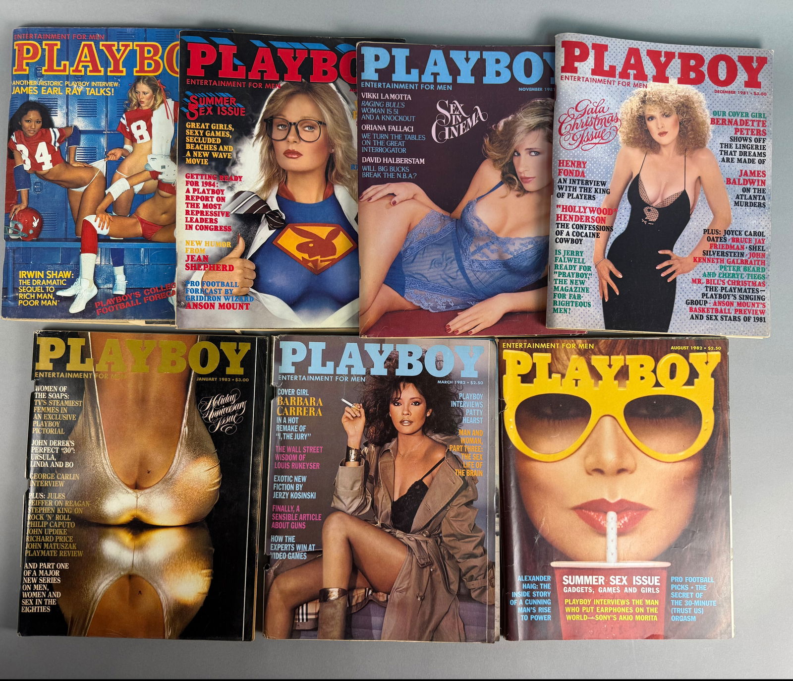 A Collection of Seven Vintage Playboy Magazines, 1977-1982: This collection consists of seven original vintage issues of Playboy: Entertainment for Men, published between 1977 and 1982 Included issues are September 1977 featuring a college football theme; Augu