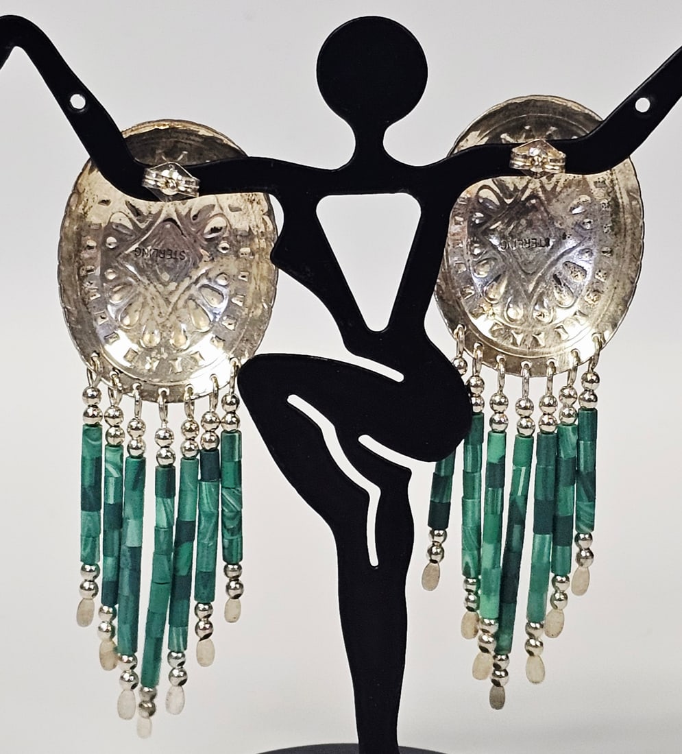 Sterling Malachite Dangle Earrings 10.5 Grams - 2