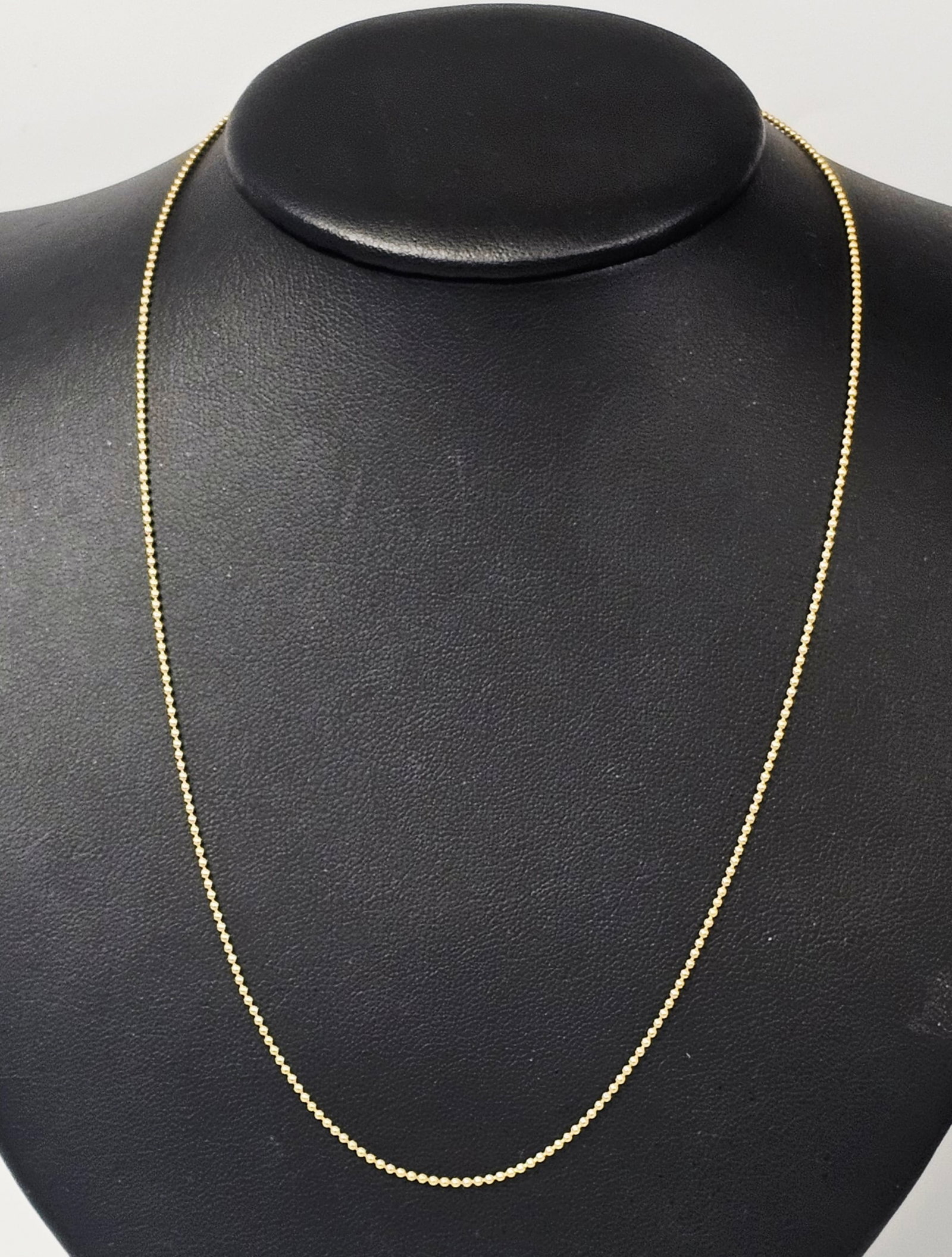 Italian 14K Gold Bead Chain Necklace 2.7 Grams: This necklace is composed of 14 karat yellow gold and features a faceted bead chain design. The item is secured with a spring ring clasp. The connector tag is stamped with 585 and ITALY, indicating