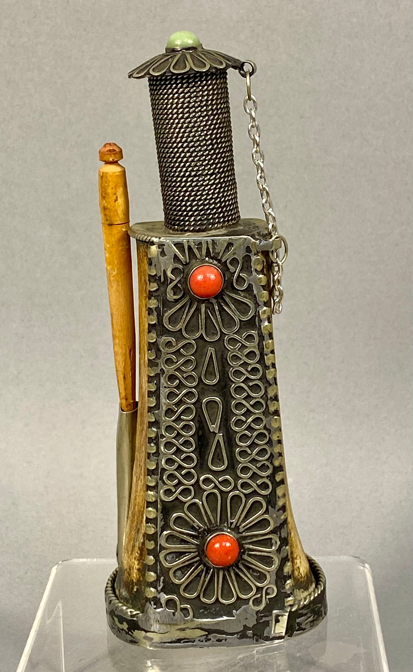 Himalayan Style Bone and White Metal Kohl Bottle with Applicator (1 of 4)