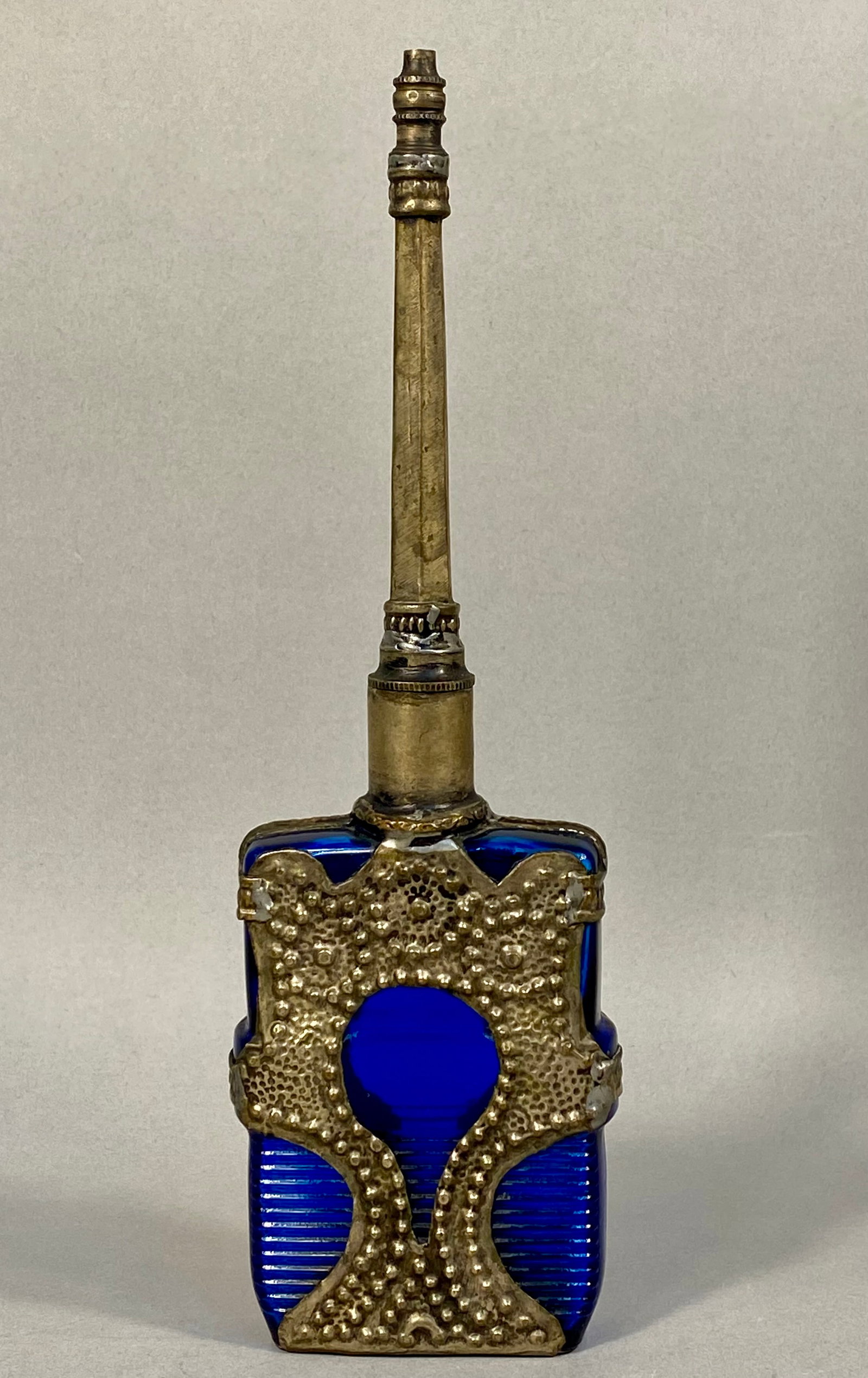 Czechoslovakian Cobalt Blue Glass Perfume Bottle with Ornate Metal Overlay (1 of 6)