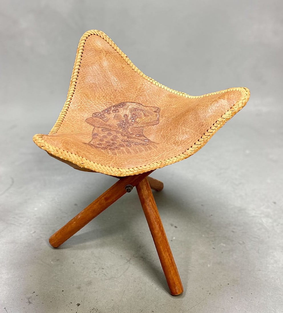 Tanzanian Hand Tooled Leather and Hardwood Folding Tripod Safari Stool by Shah Industries Ltd (1 of 11)