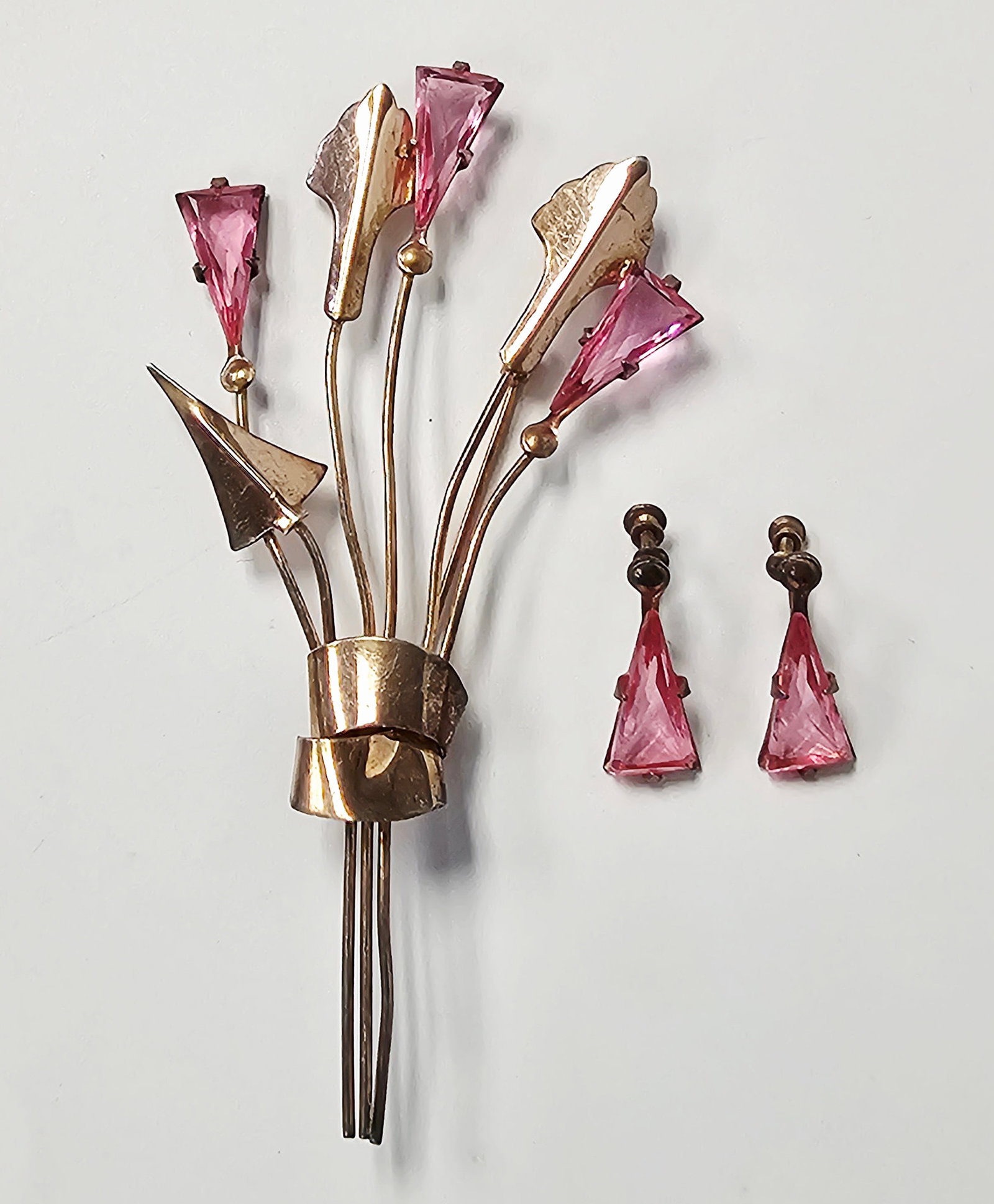 Gilt Sterling Silver Pink Glass Floral Bouquet Set 18.5 Grams (1 of 11)