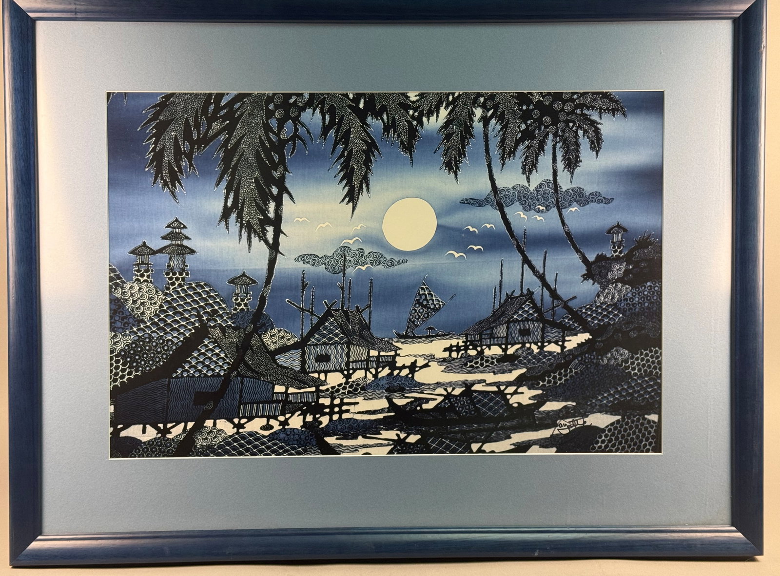 Moonlit Tropical Coastal Village, Batik on Fabric (Signed): This work is a batik on fabric by Grand Rapids Michigan Artist Jim Ayotte. The composition depicts a monochromatic tropical coastal landscape rendered in a palette of indigo blue, cream, and white. Th