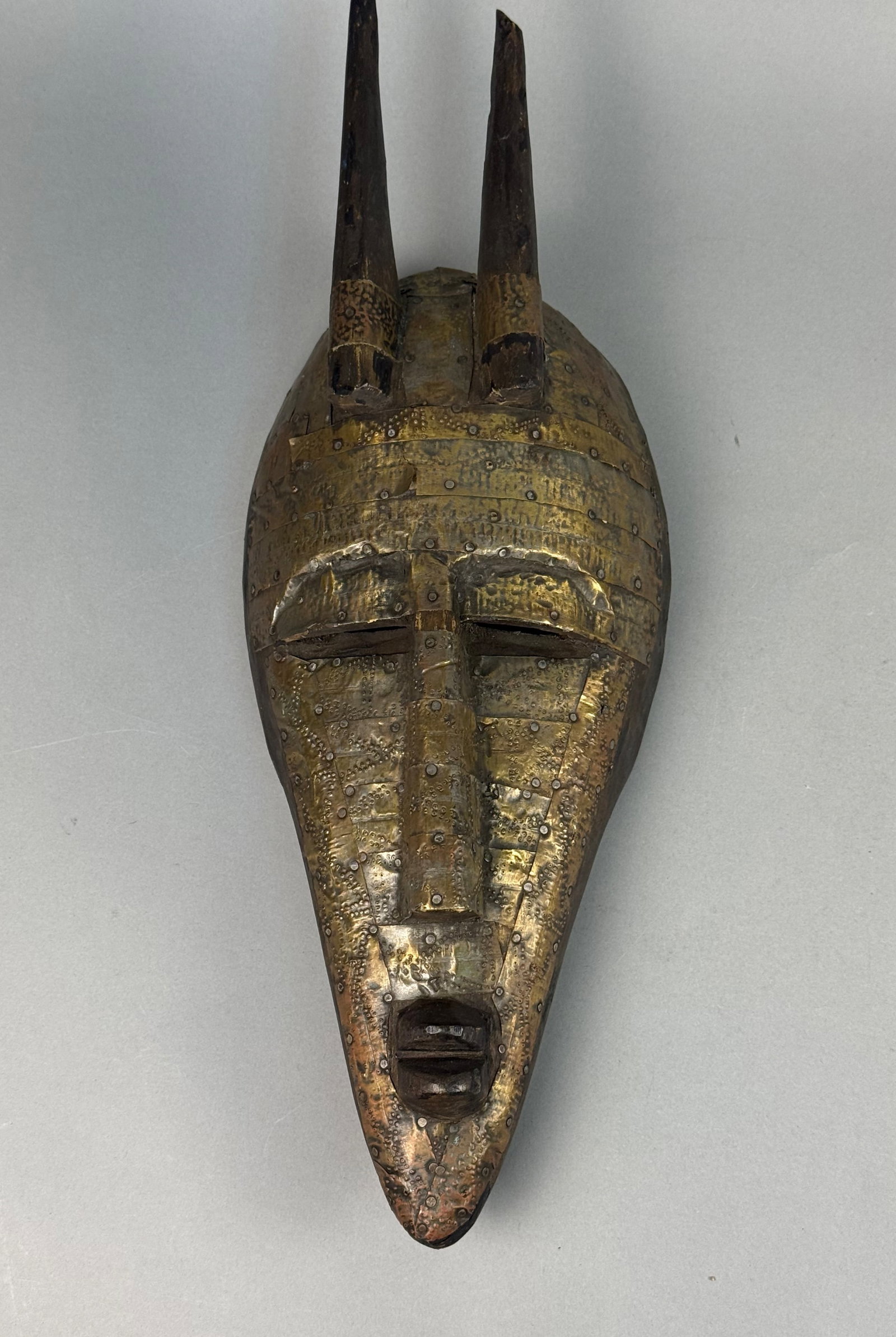 Marka Zoomorphic Wood and Brass Overlay Mask, Mali (1 of 8)