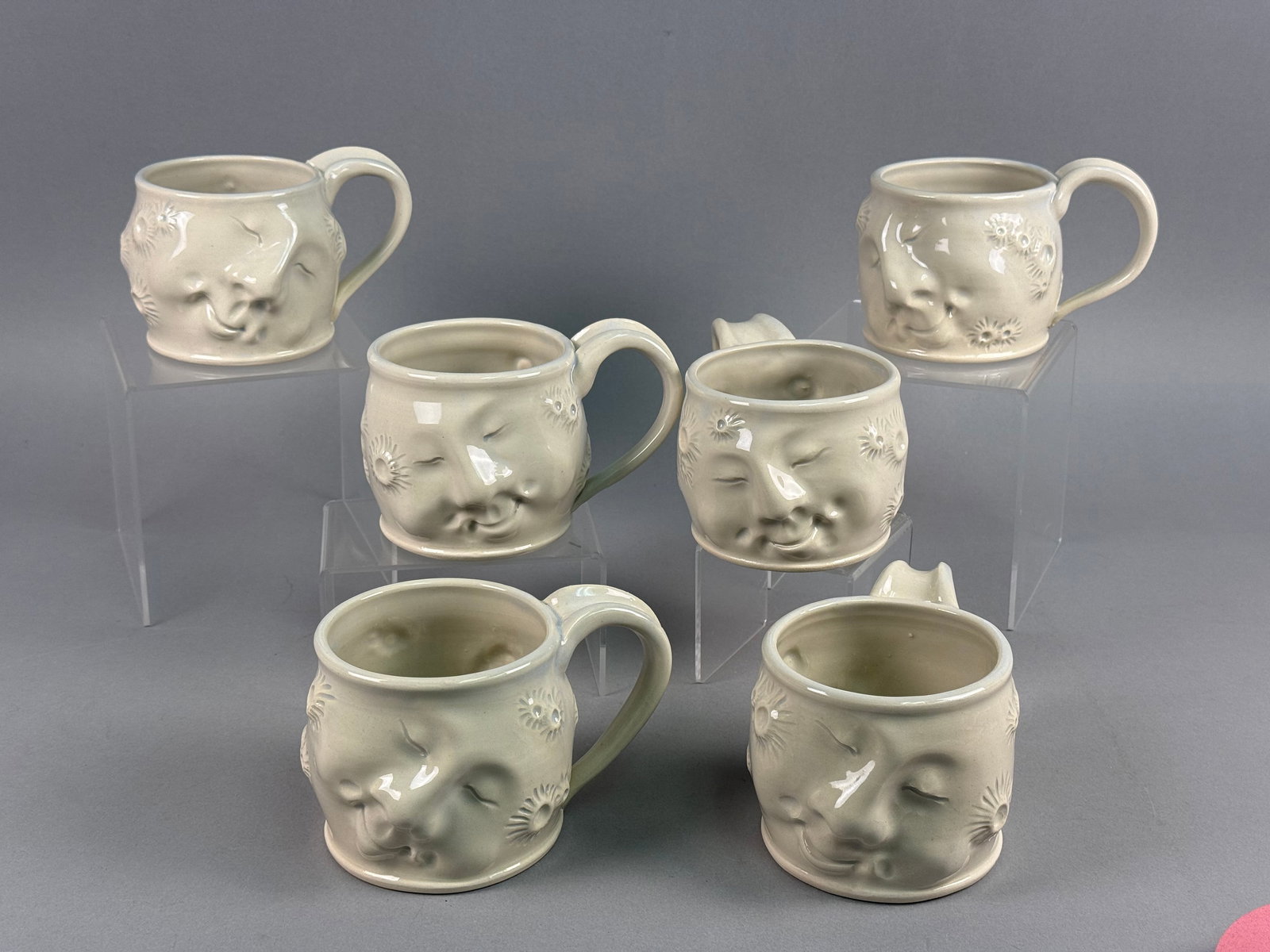 A Set of Six Bruce Simpson Glazed Stoneware Celestial Moon Face Mugs (1 of 18)